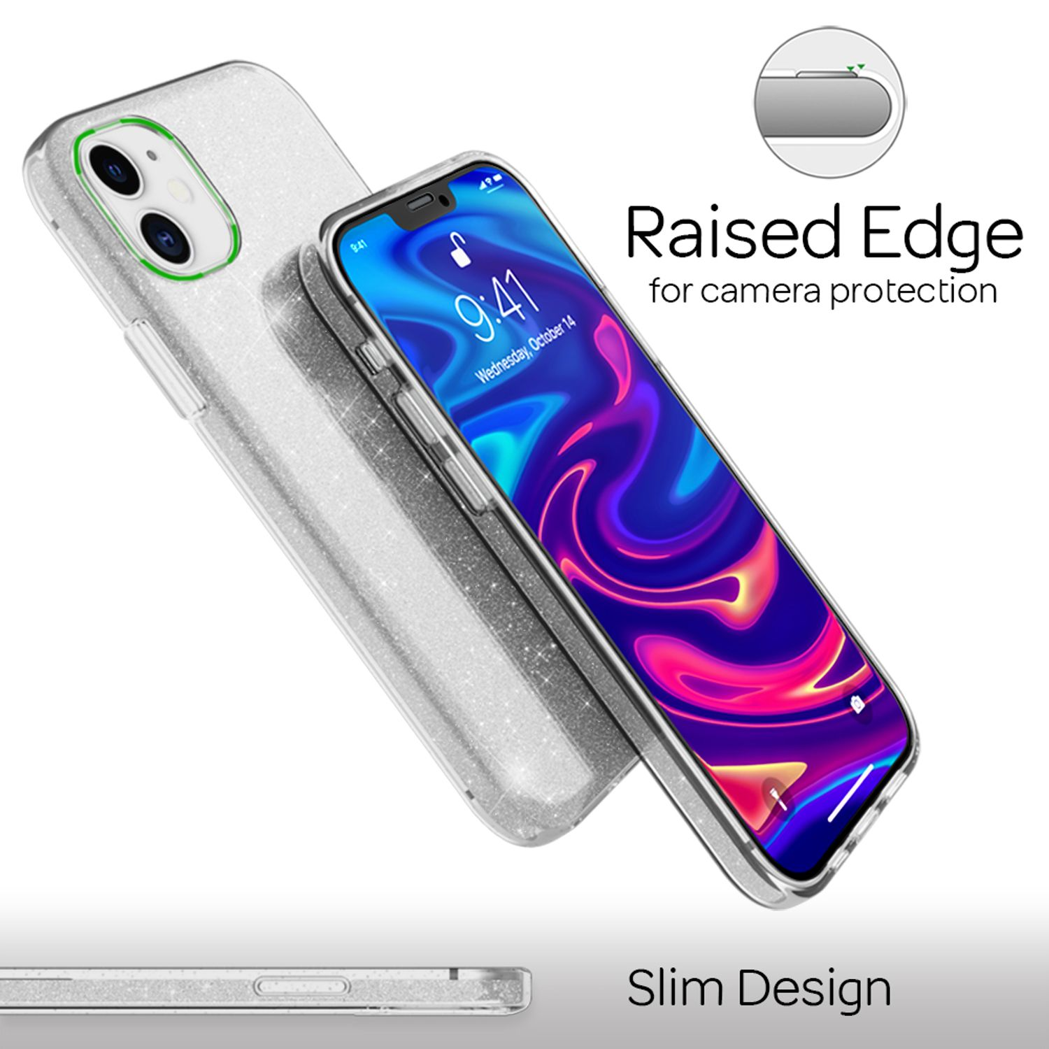 Glitzernde Handyhülle mit einem Smartphone und hervorgehobener Kante.