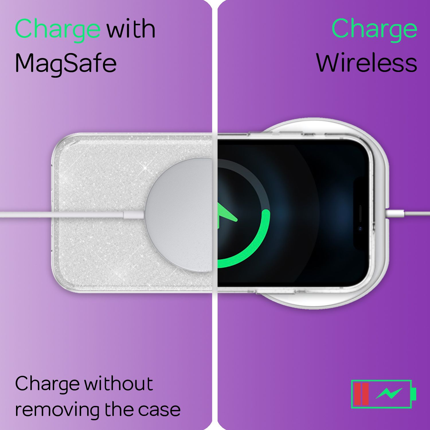 Ein iPhone wird kabellos mit MagSafe oder auf einer Ladestation geladen.
