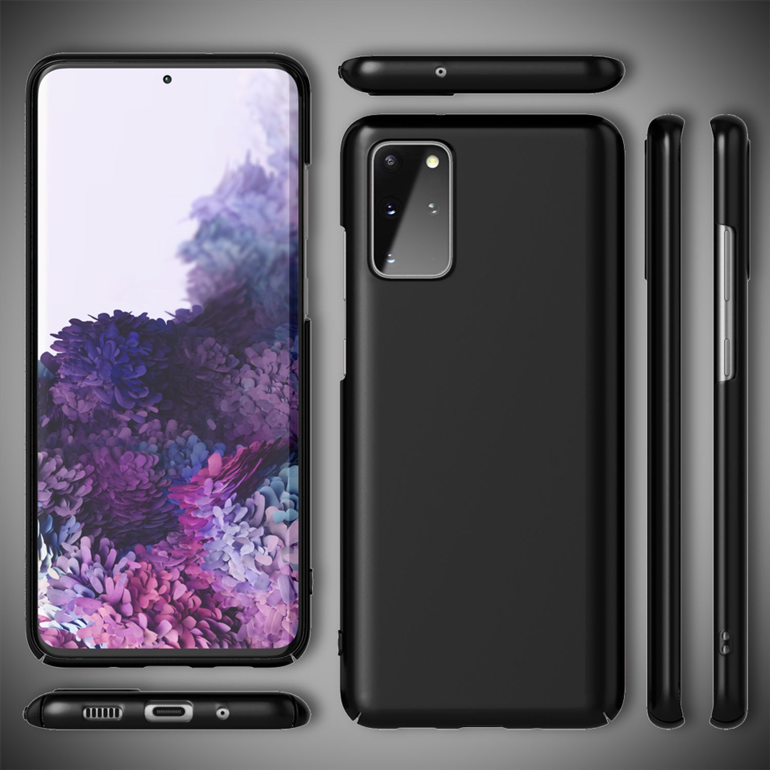 Cover nera per telefono mostra viste frontali, posteriori e laterali con sfondo floreale.