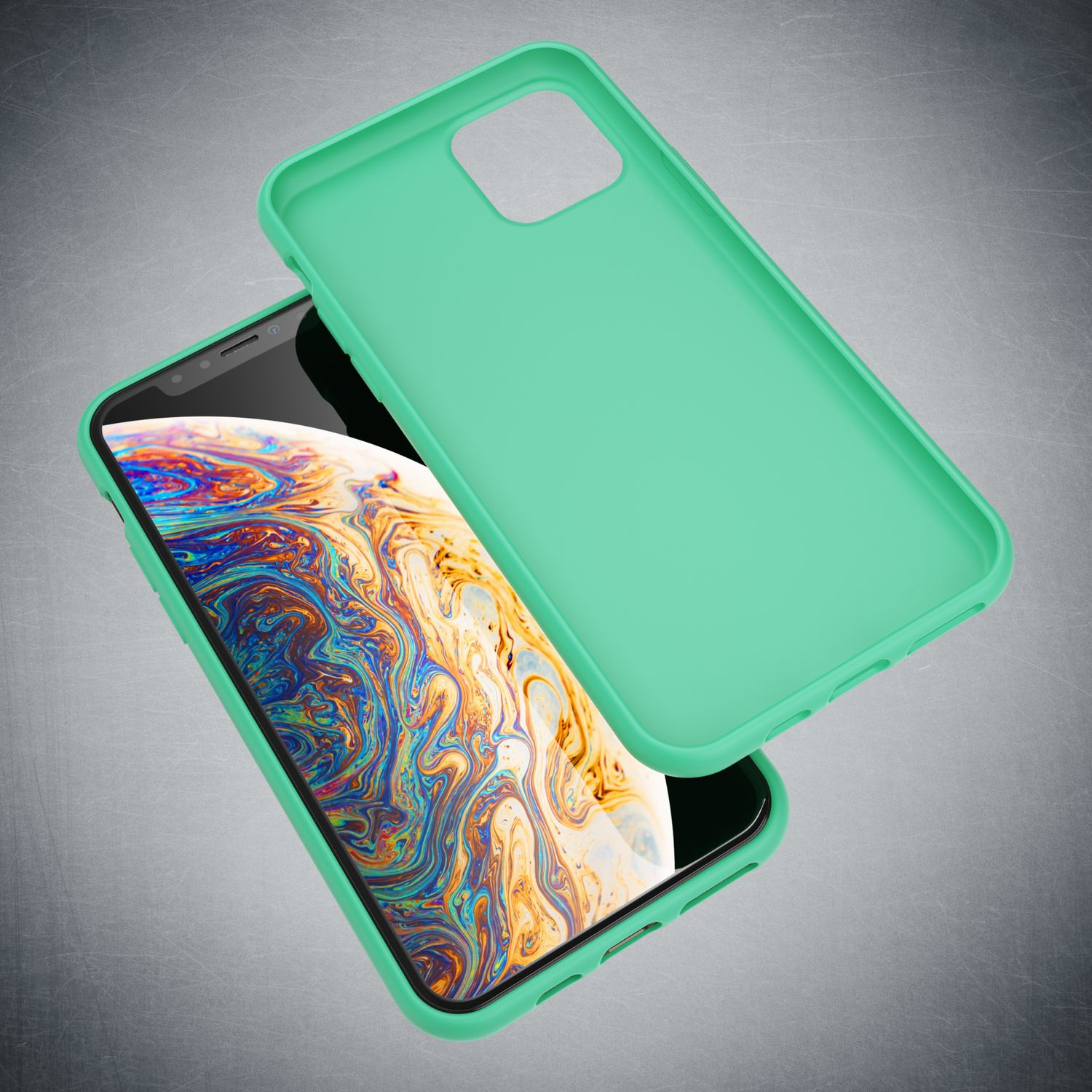 Ein türkisfarbenes Handycover über einem Smartphone mit buntem Hintergrund.