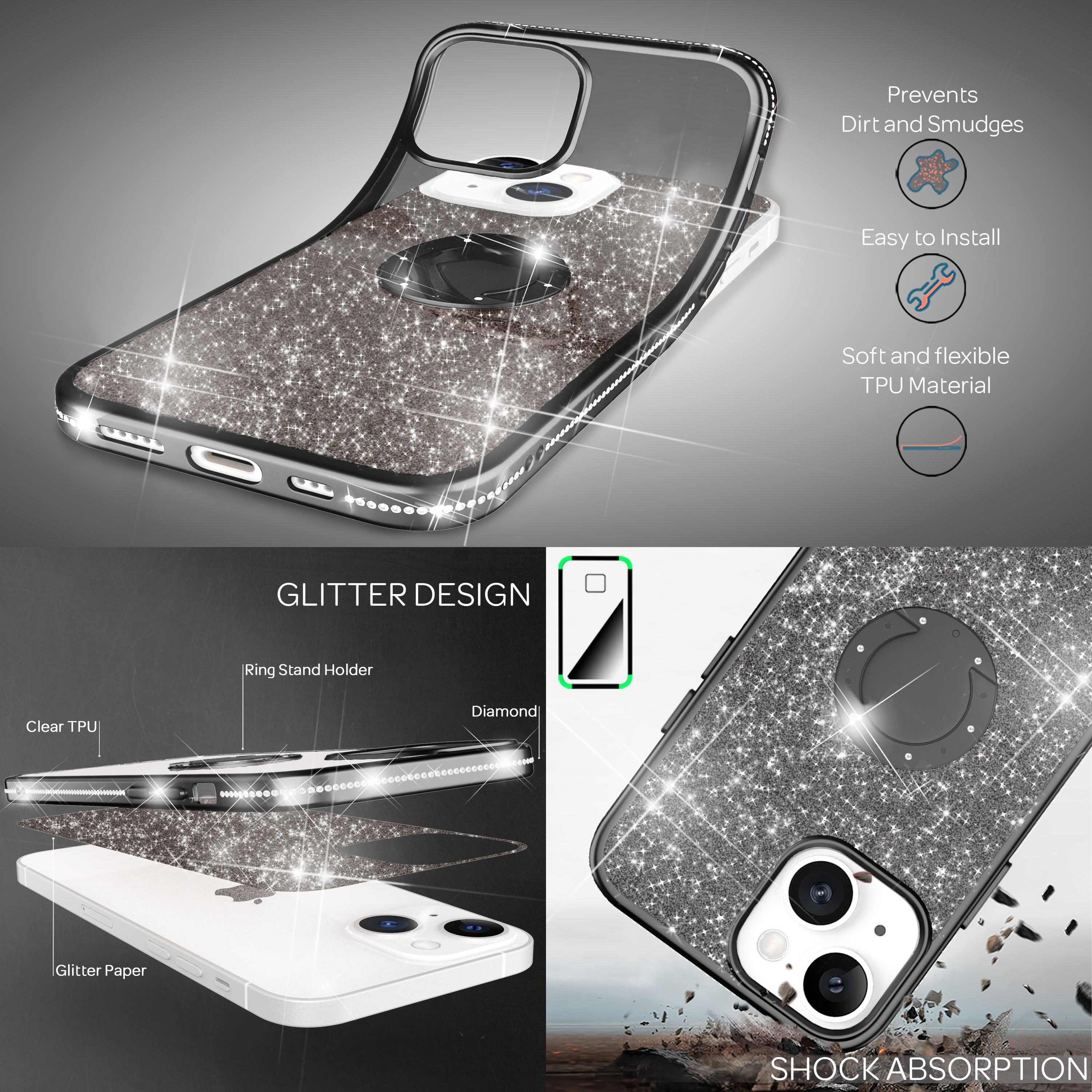 Eine glitzernde Handyhülle mit Ringständer, klarem TPU und Diamantakzenten.