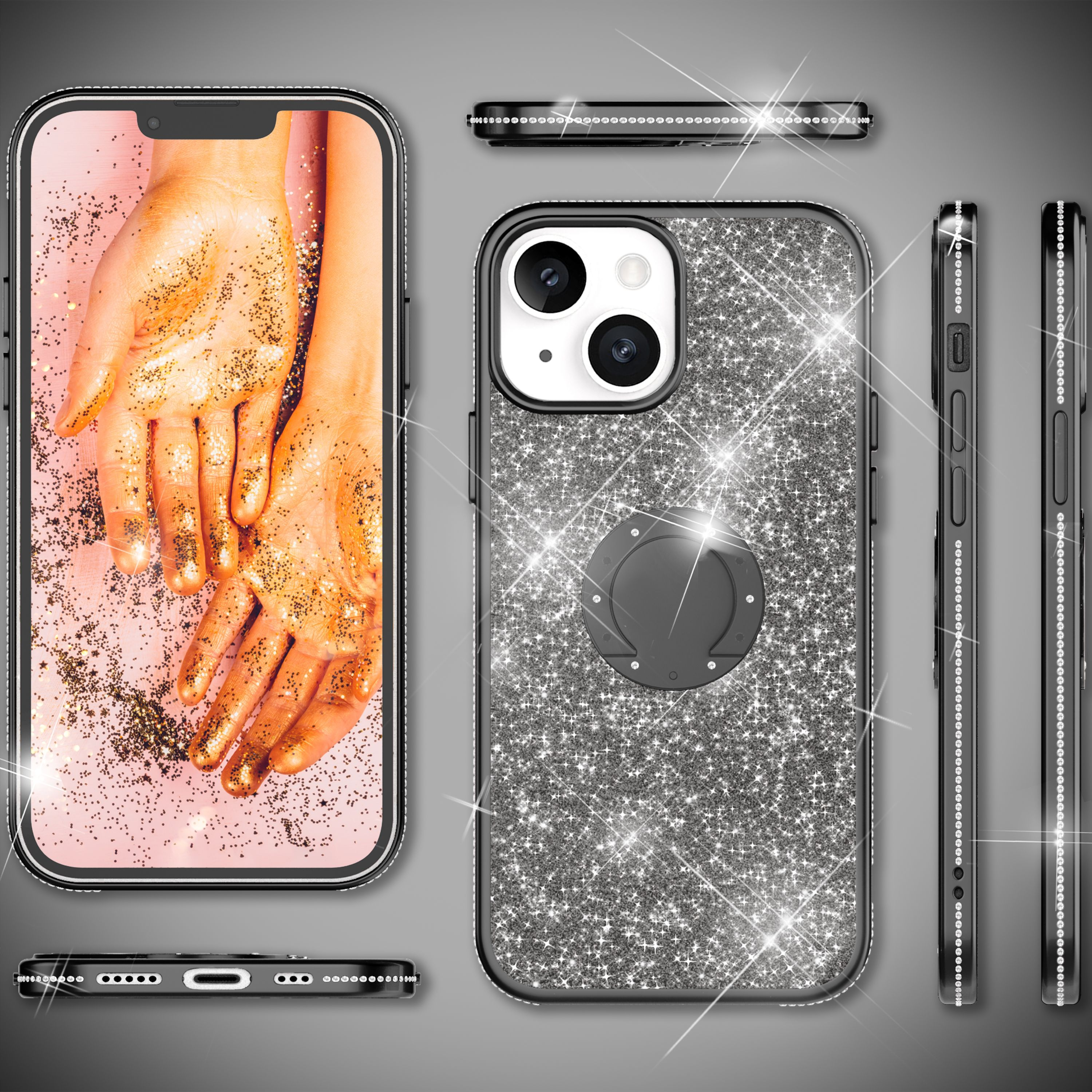 Glitzernde Handyhülle mit Diamantenbesatz und Ringhalter auf grauem Hintergrund.