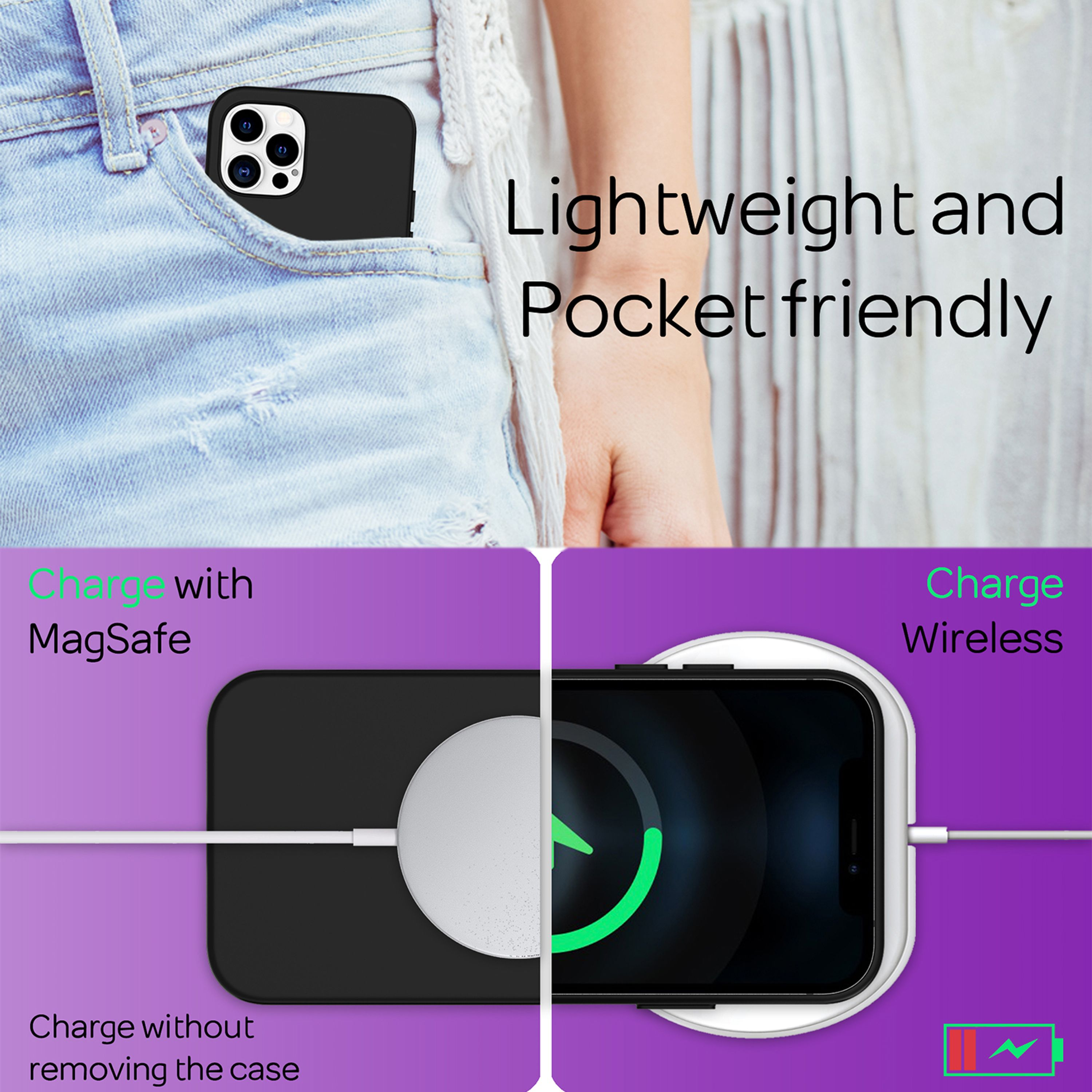 Ein Smartphone in einer Jeanstasche und Ladeoptionen: MagSafe und kabellos.