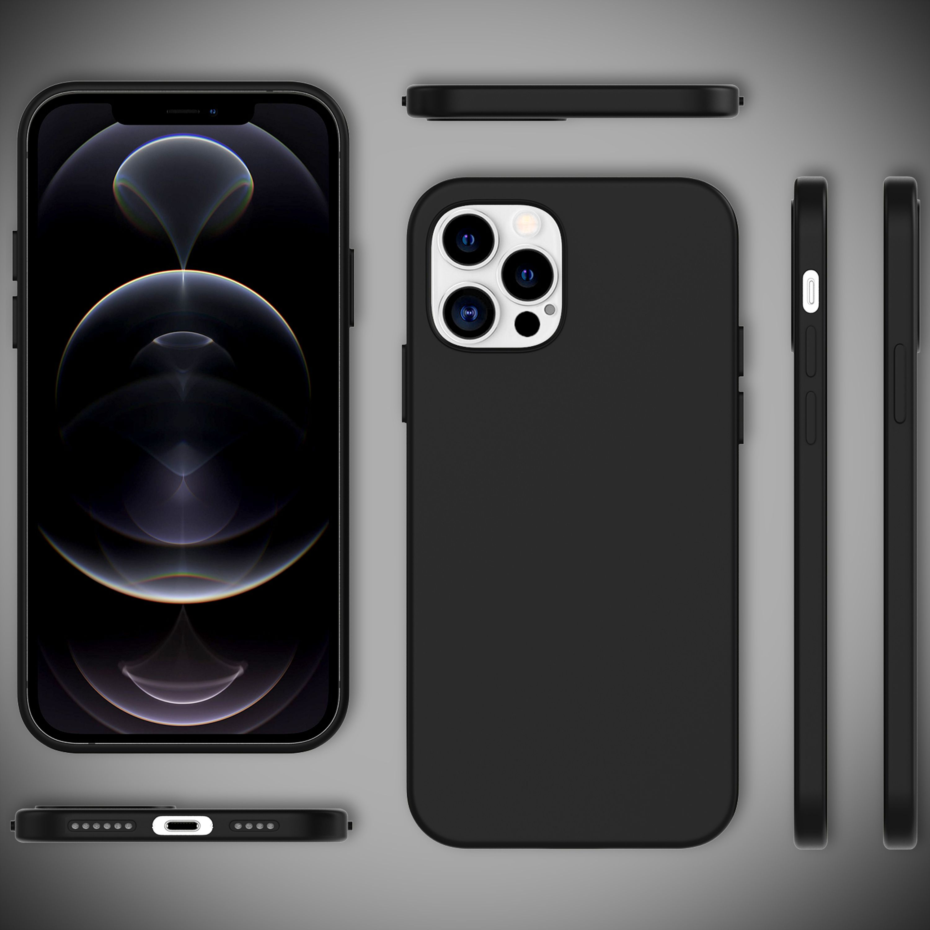 Schwarzes Smartphone mit drei Kameras, Vorder- und Seitenansicht.