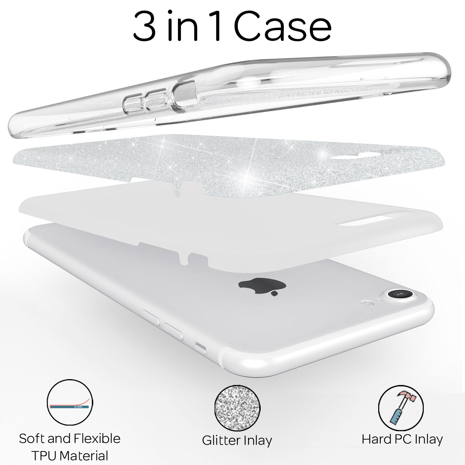 Vista esplosa di una custodia per telefono 3 in 1 con strati di TPU, glitter e policarbonato rigido su un iPhone bianco.