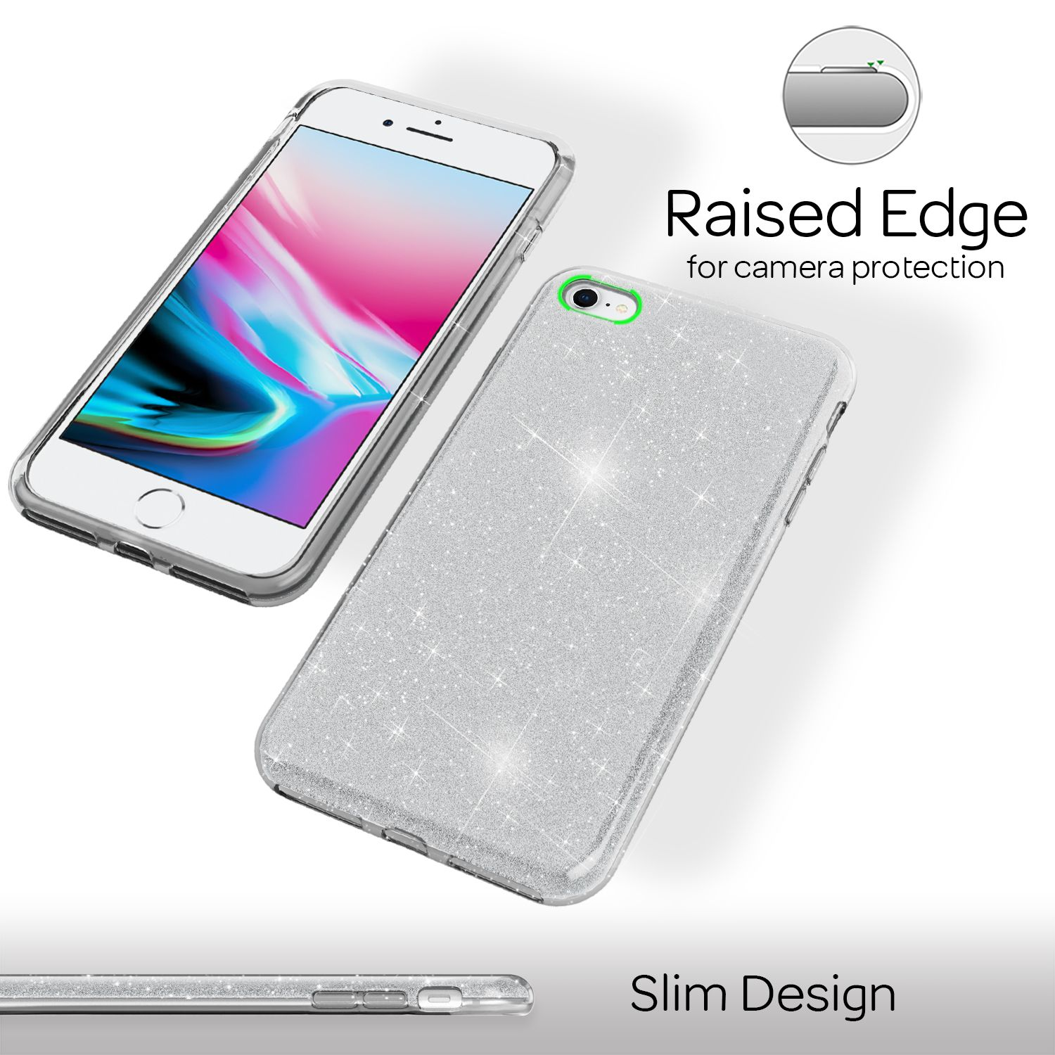 Una cover iPhone argentata scintillante, che mostra le viste frontale e posteriore.