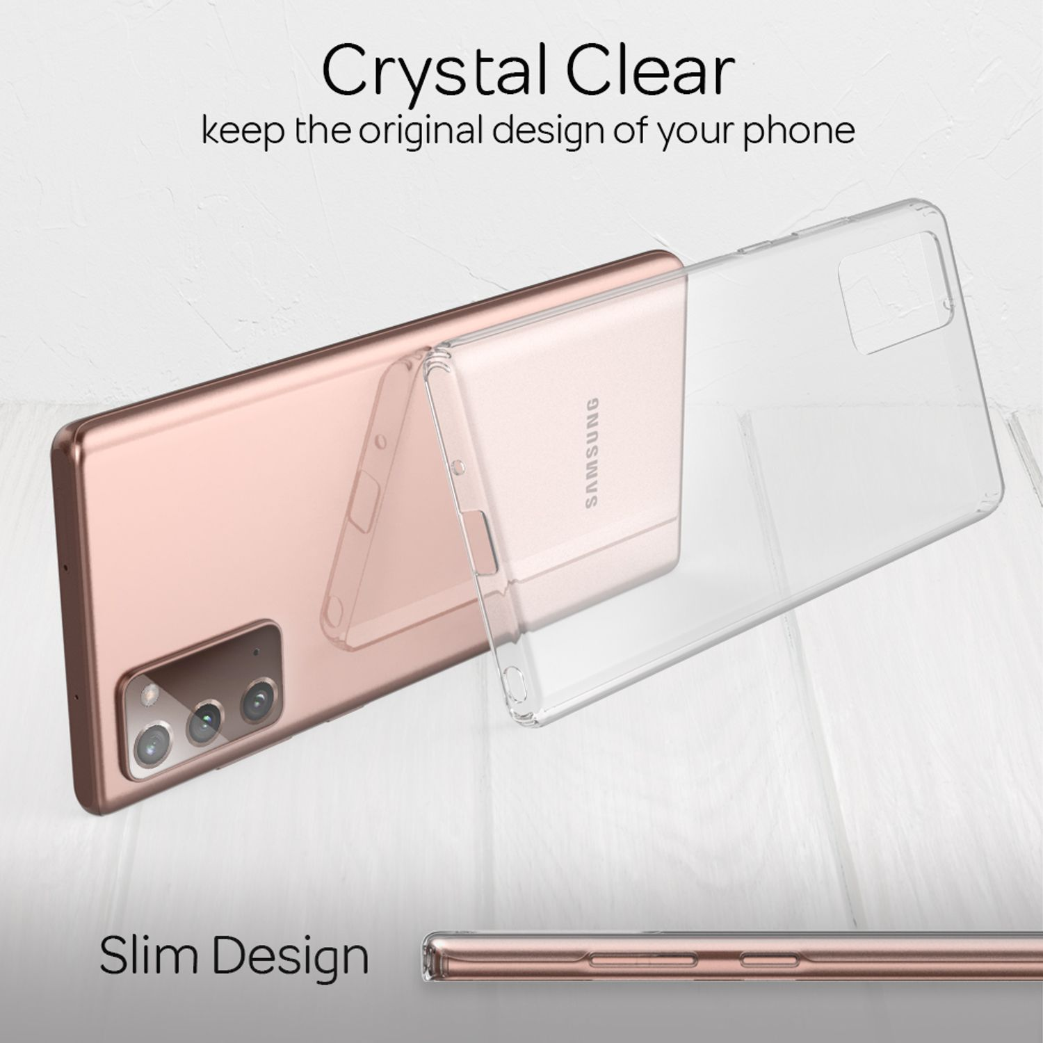 Ein roségoldenes Samsung-Smartphone mit einer durchsichtigen Hülle daneben.
