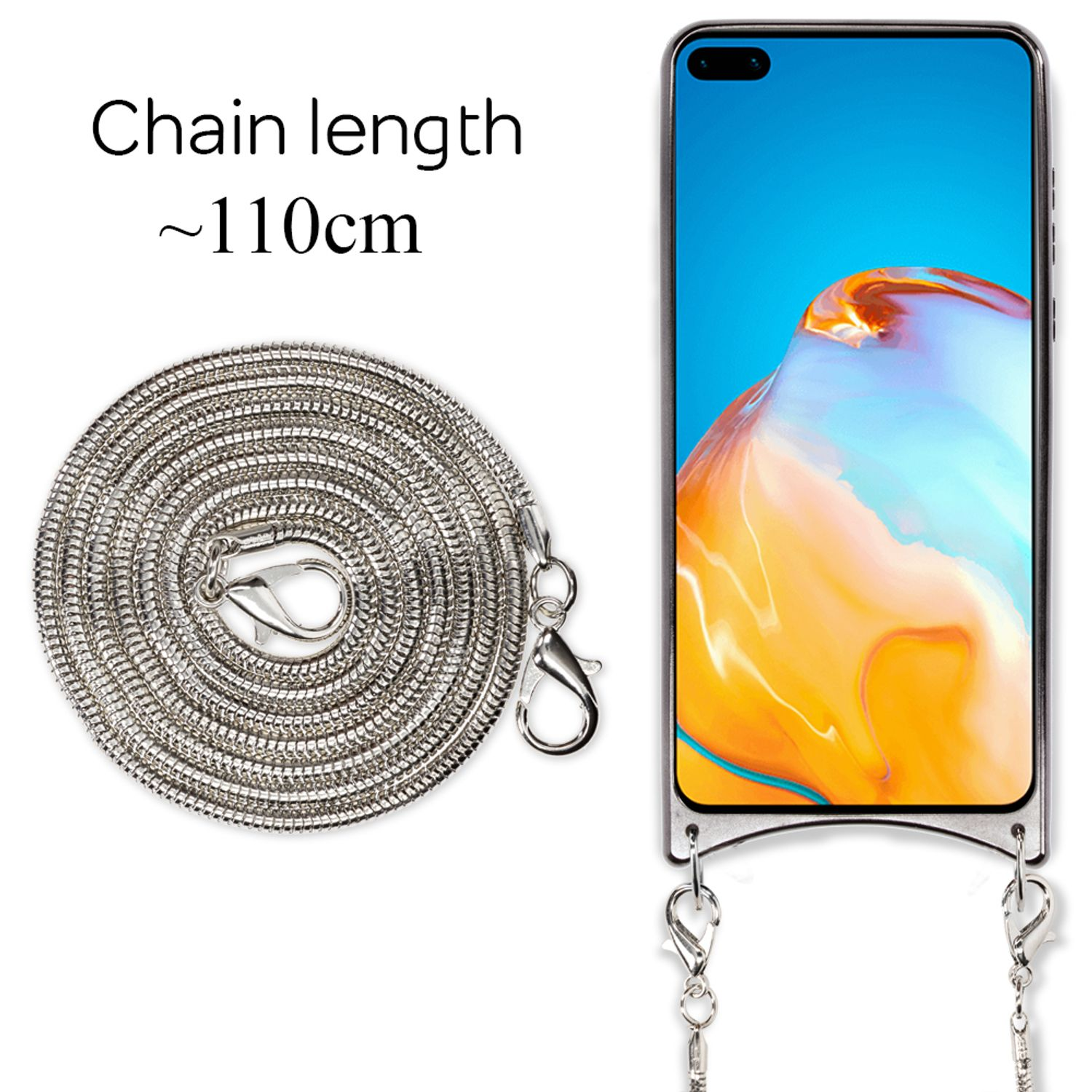 Catena a serpente argentata (circa 110 cm) e smartphone con display colorato.