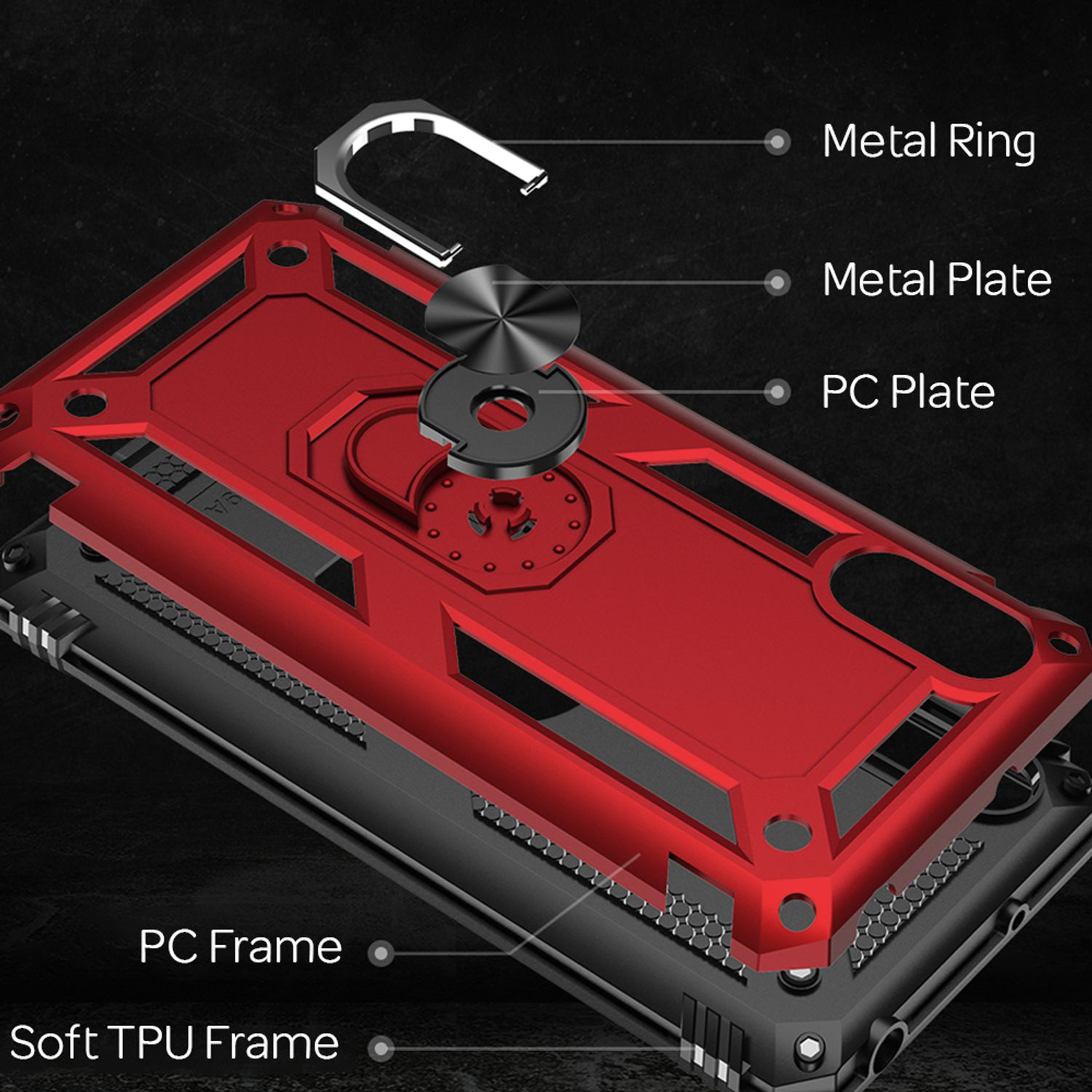 Eine rote Handyhülle mit Metallring, Metallplatte, PC-Platte, PC-Rahmen und weichem TPU-Rahmen.