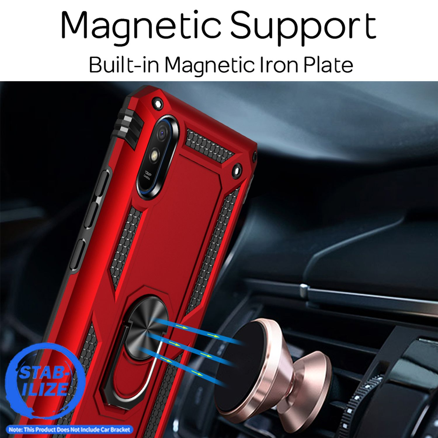 Rote Handyhülle mit Ringhalterung wird an einer magnetischen Autohalterung befestigt.