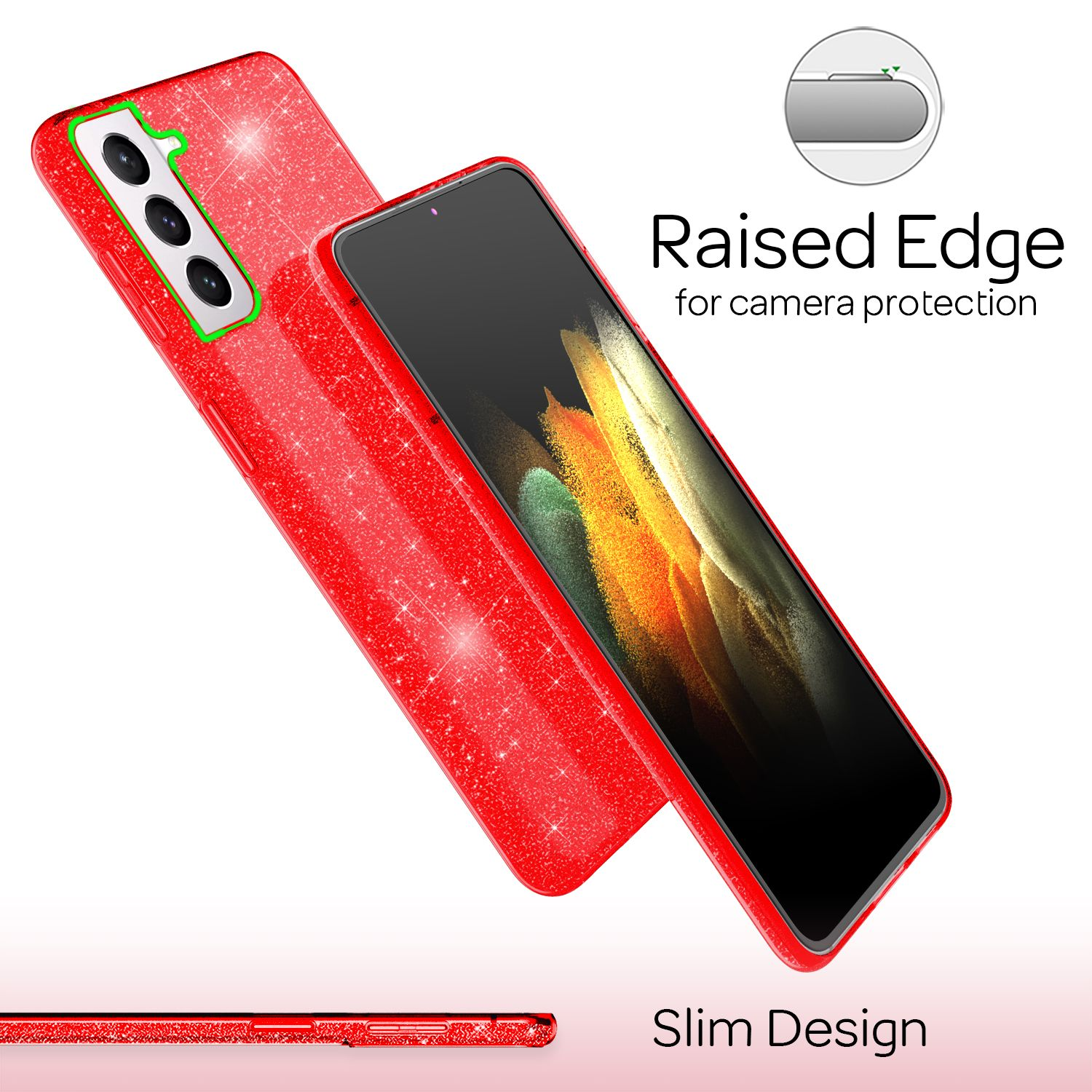 Cover rossa glitterata per telefono con bordo rialzato per protezione fotocamera e design sottile.