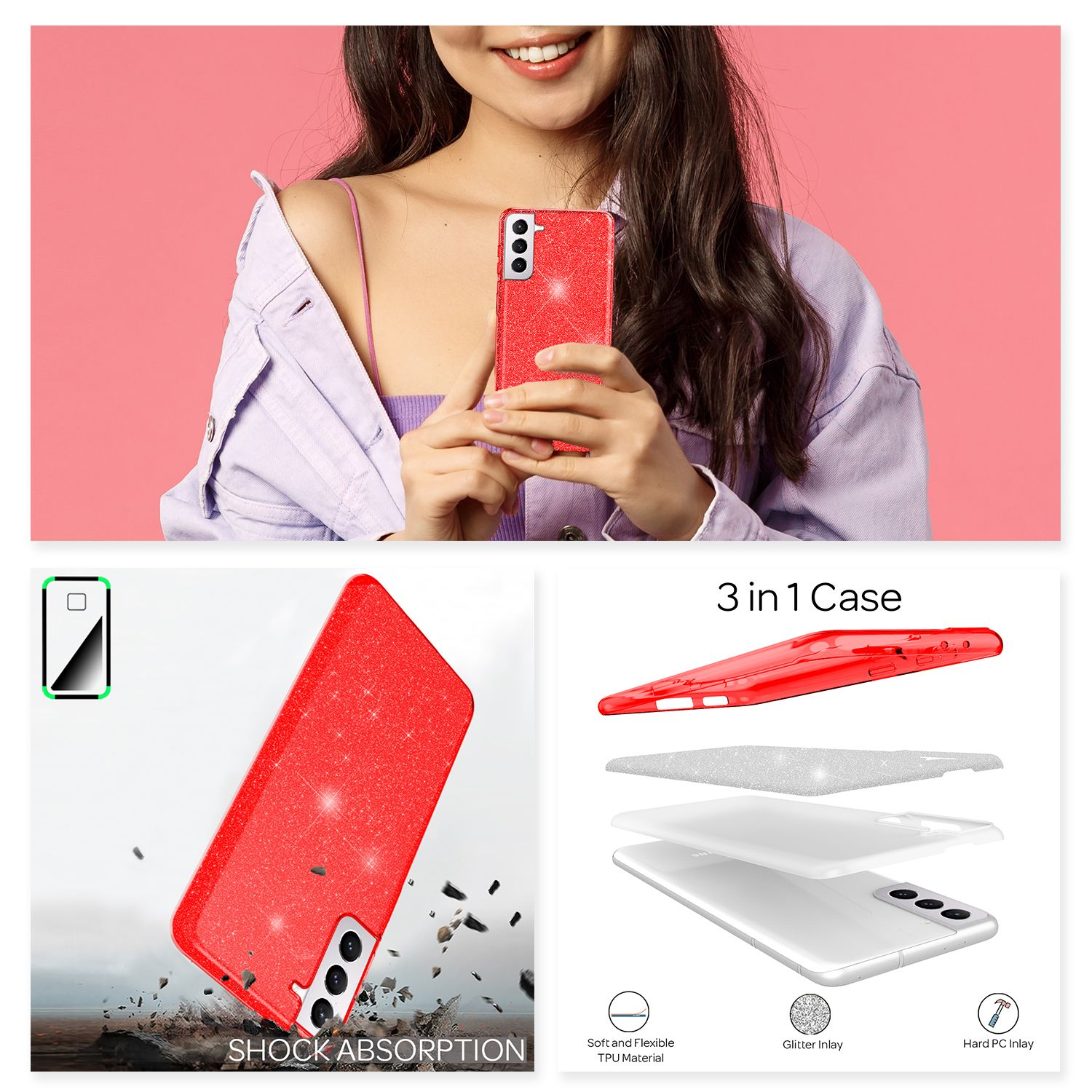 Custodia per telefono rossa glitterata con assorbimento urti e costruzione 3 in 1.