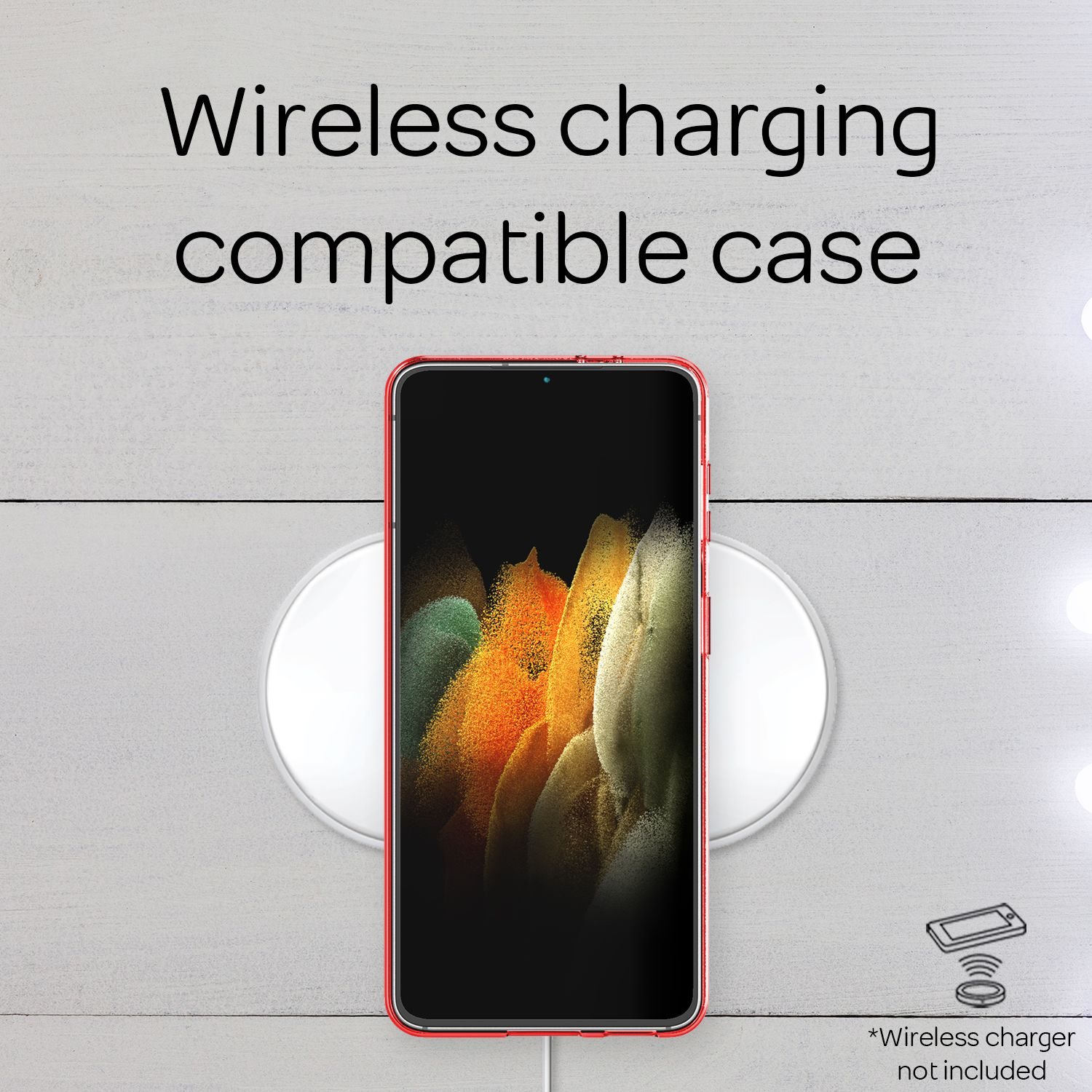 Telefono rosso su pad di ricarica, testo "Custodia compatibile ricarica wireless".