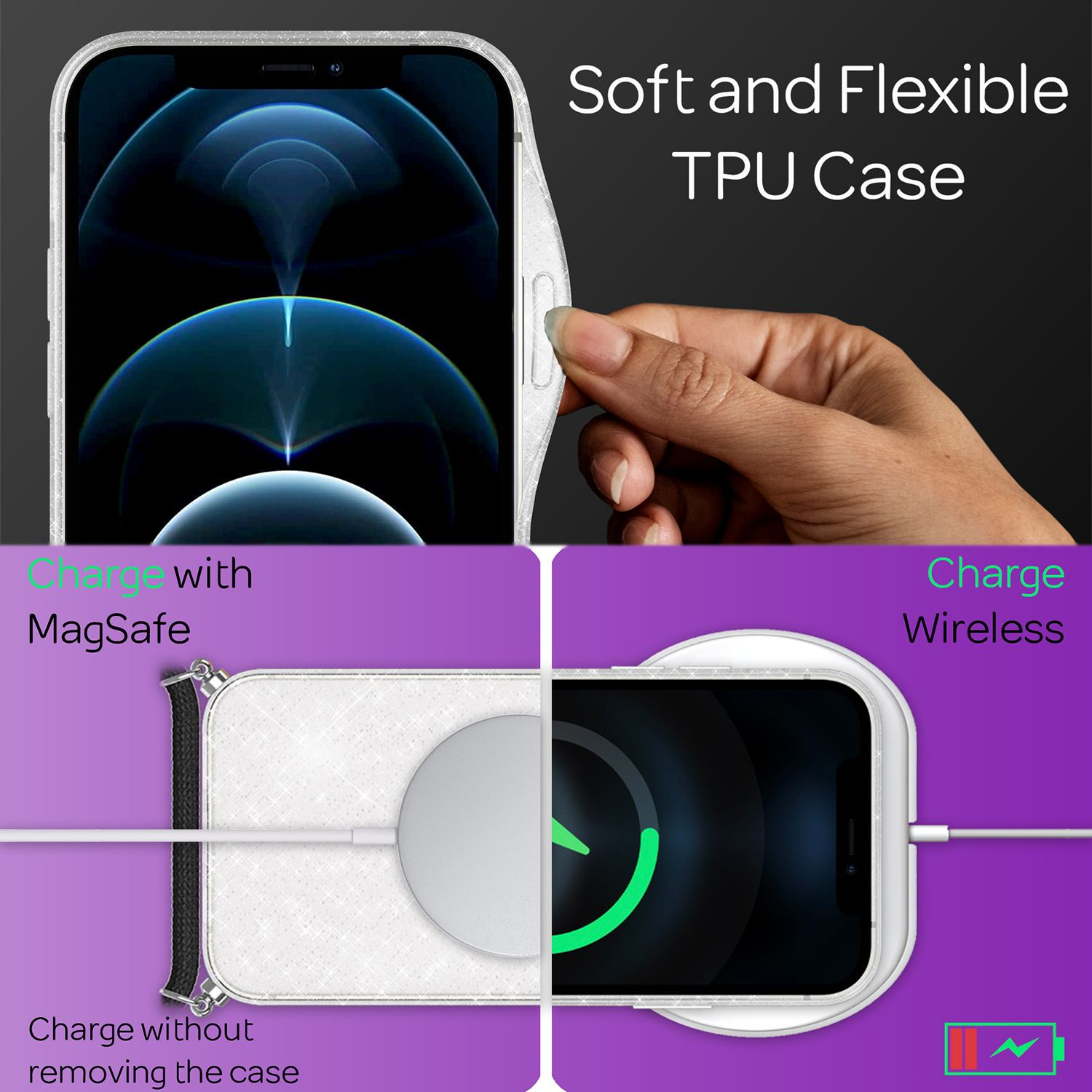 Un iPhone con custodia in TPU flessibile, in carica con MagSafe e wireless.