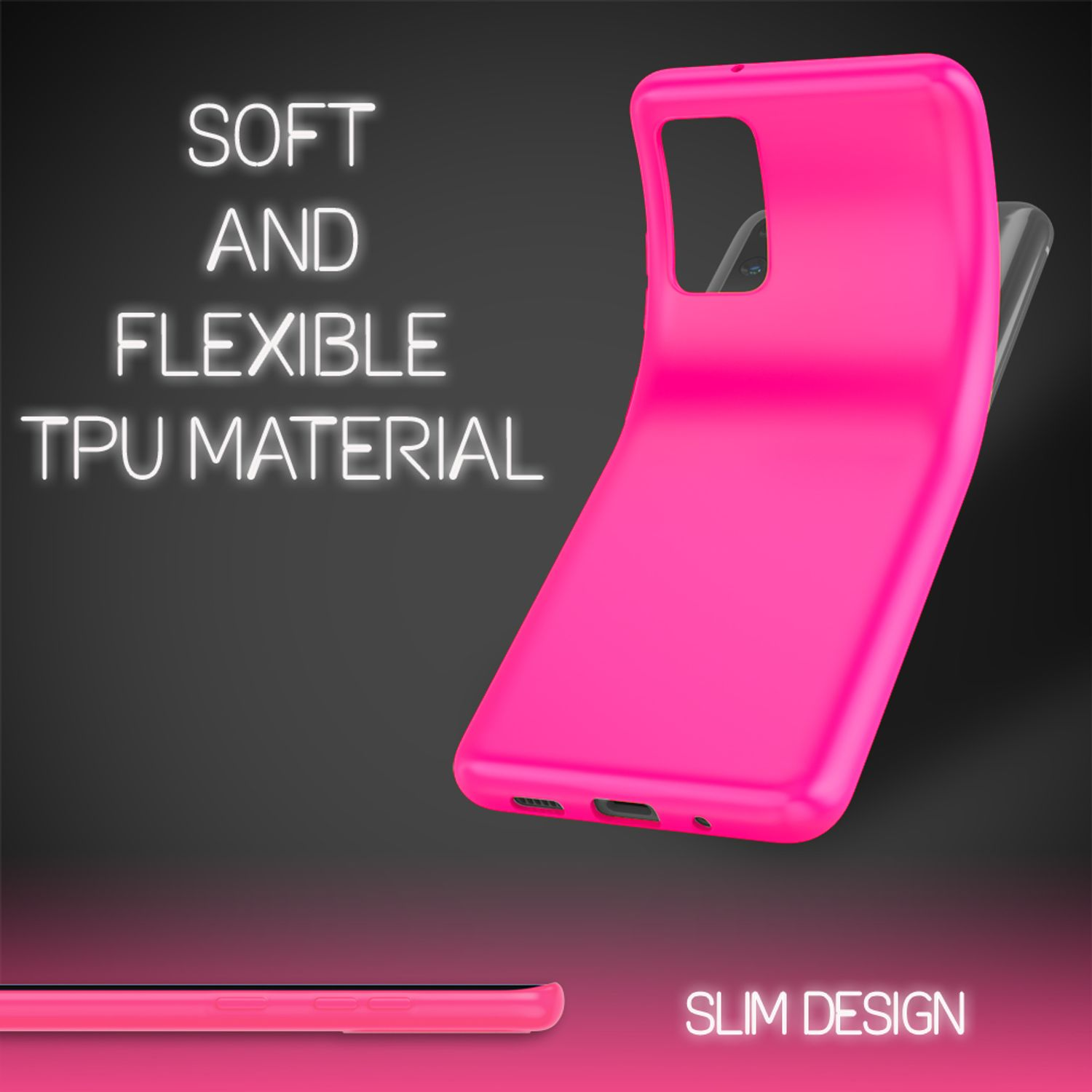 Una cover per telefono rosa brillante in materiale TPU morbido e flessibile dal design sottile.