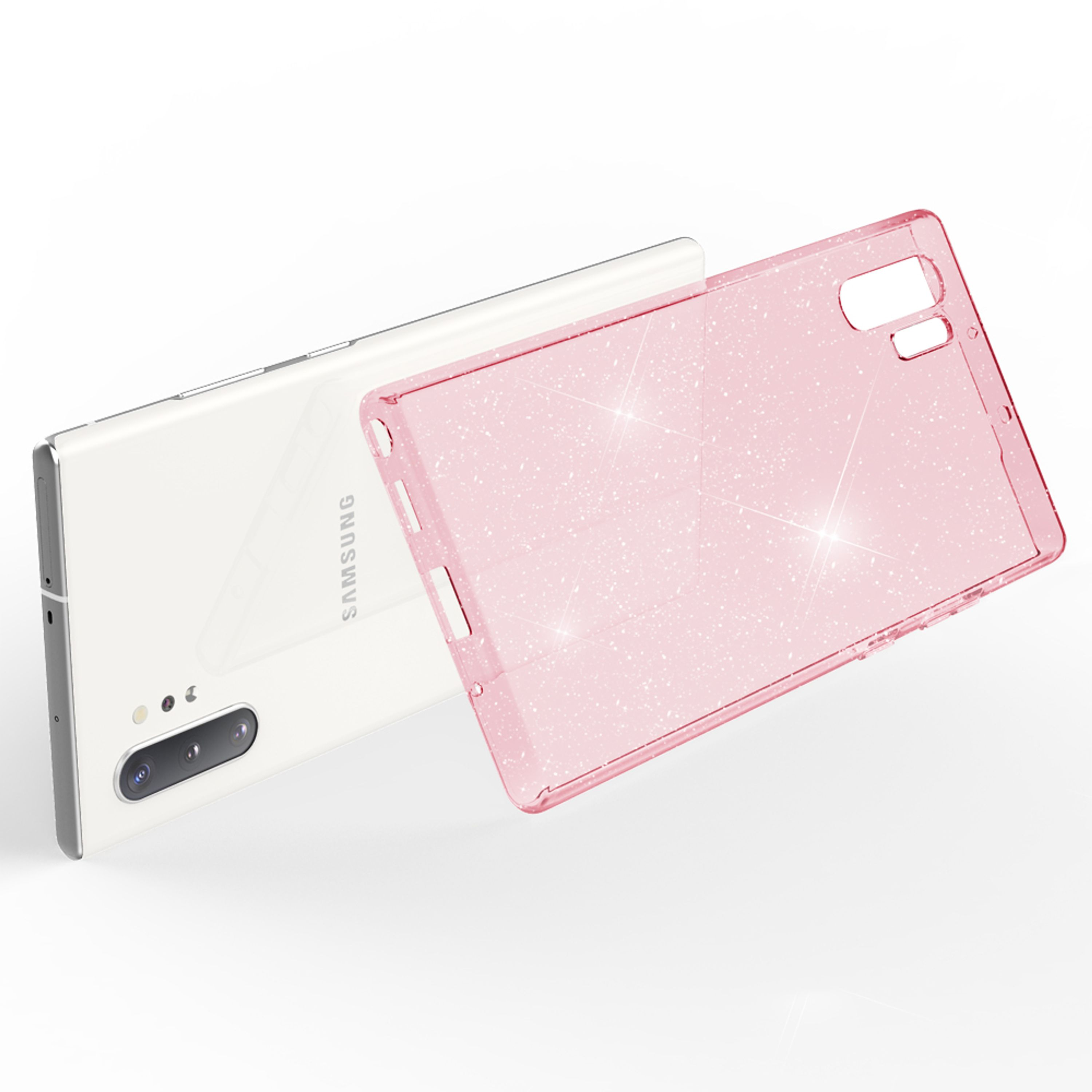 Ein weißes Samsung-Smartphone mit einer durchsichtigen, glitzernden rosa Hülle daneben.