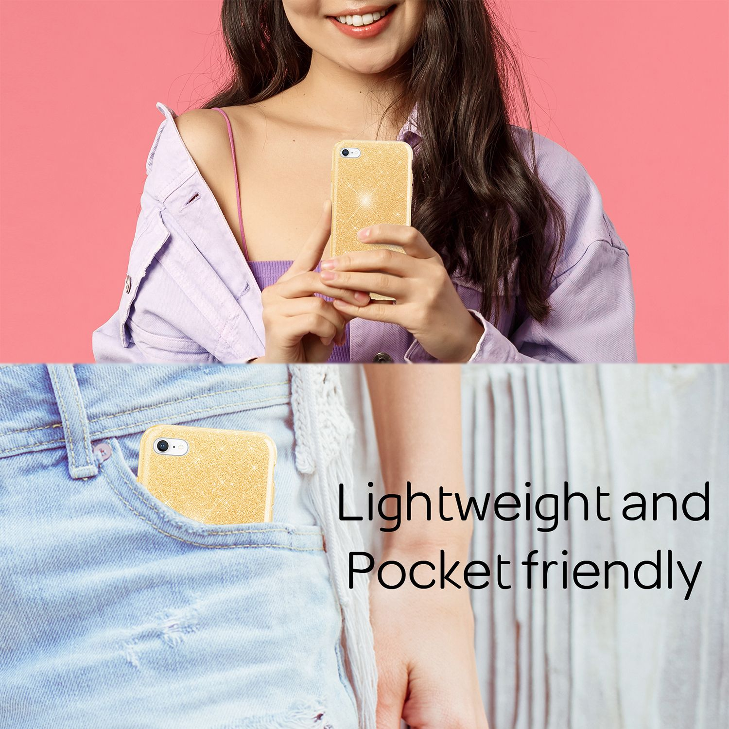Una donna tiene un telefono dorato scintillante. È infilato in una tasca di jeans.