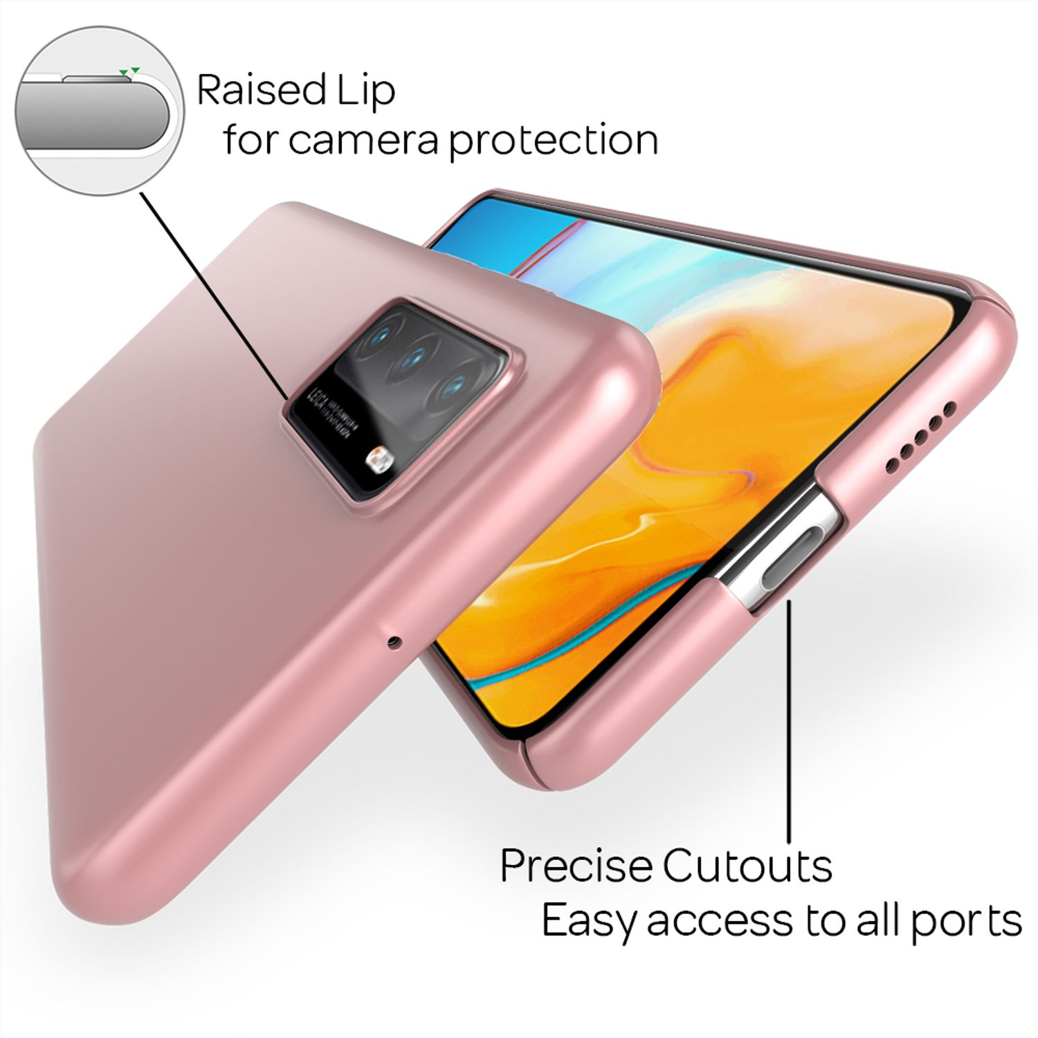 Ein roségoldenes Handy mit Hülle, Kamera und präzisen Aussparungen.