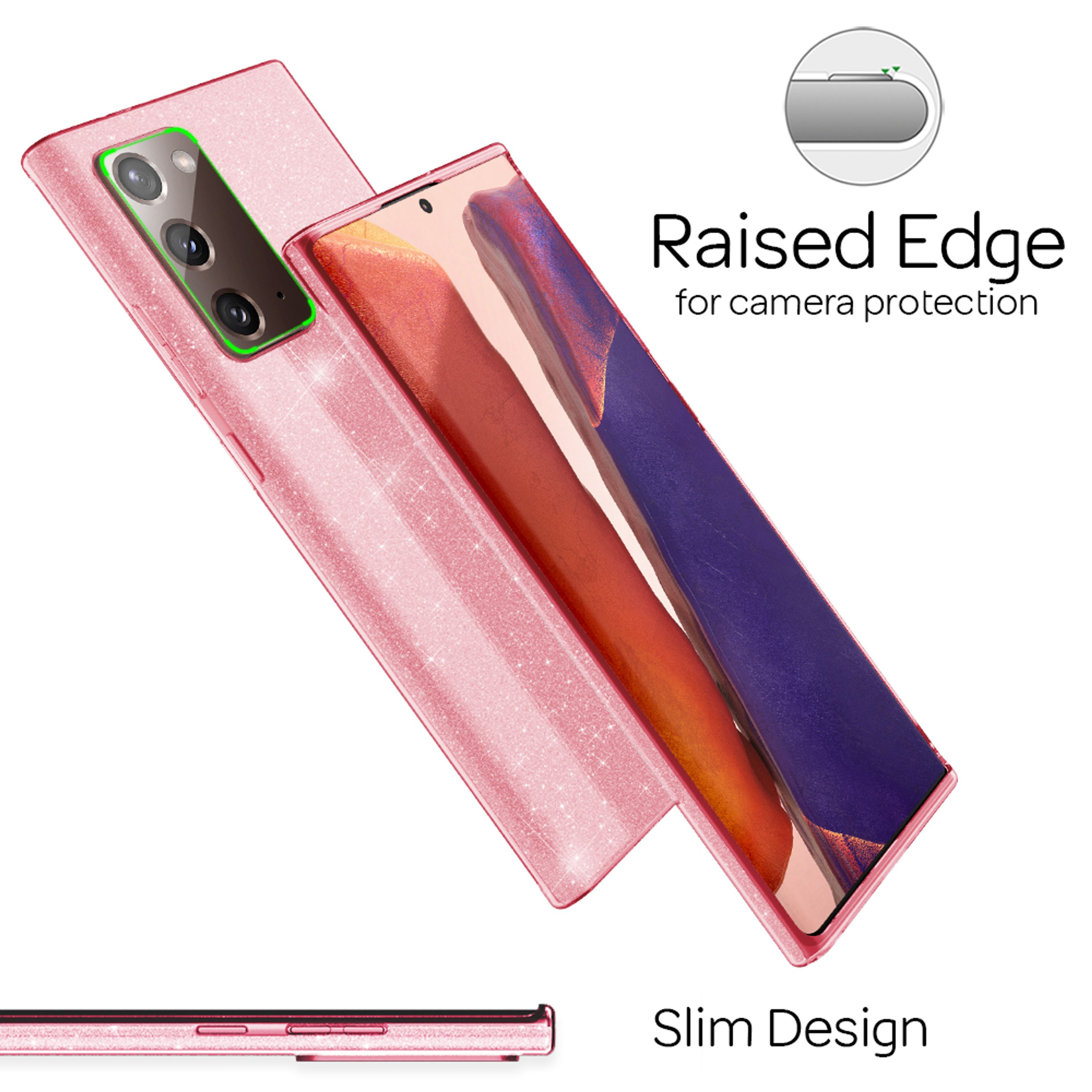 Ein rosafarbener glitzernder Handykoffer mit einem Smartphone, das Kameras zeigt.
