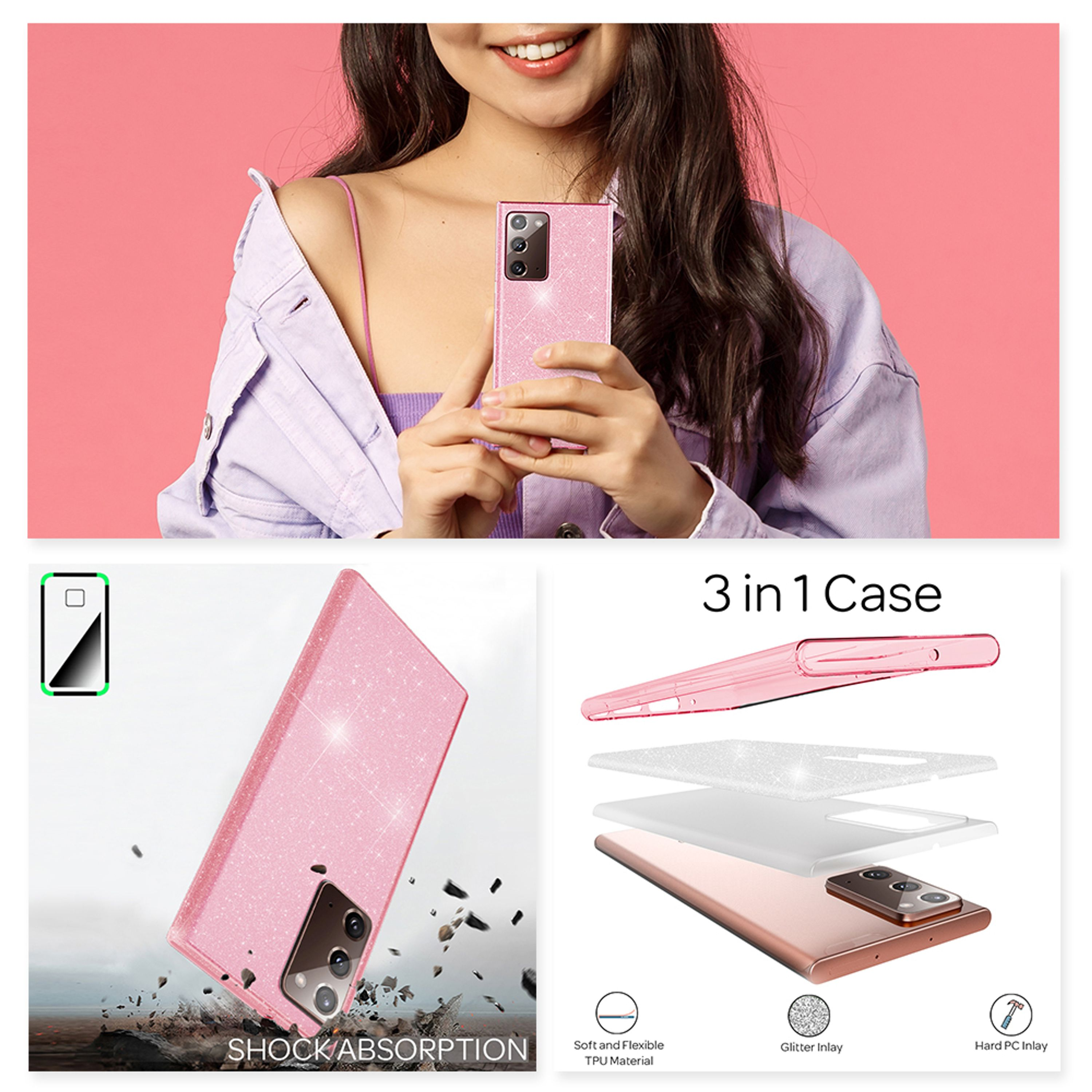 Ein glitzernder pinker Handyhülle-Set mit 3 Schichten für Stoßdämpfung.