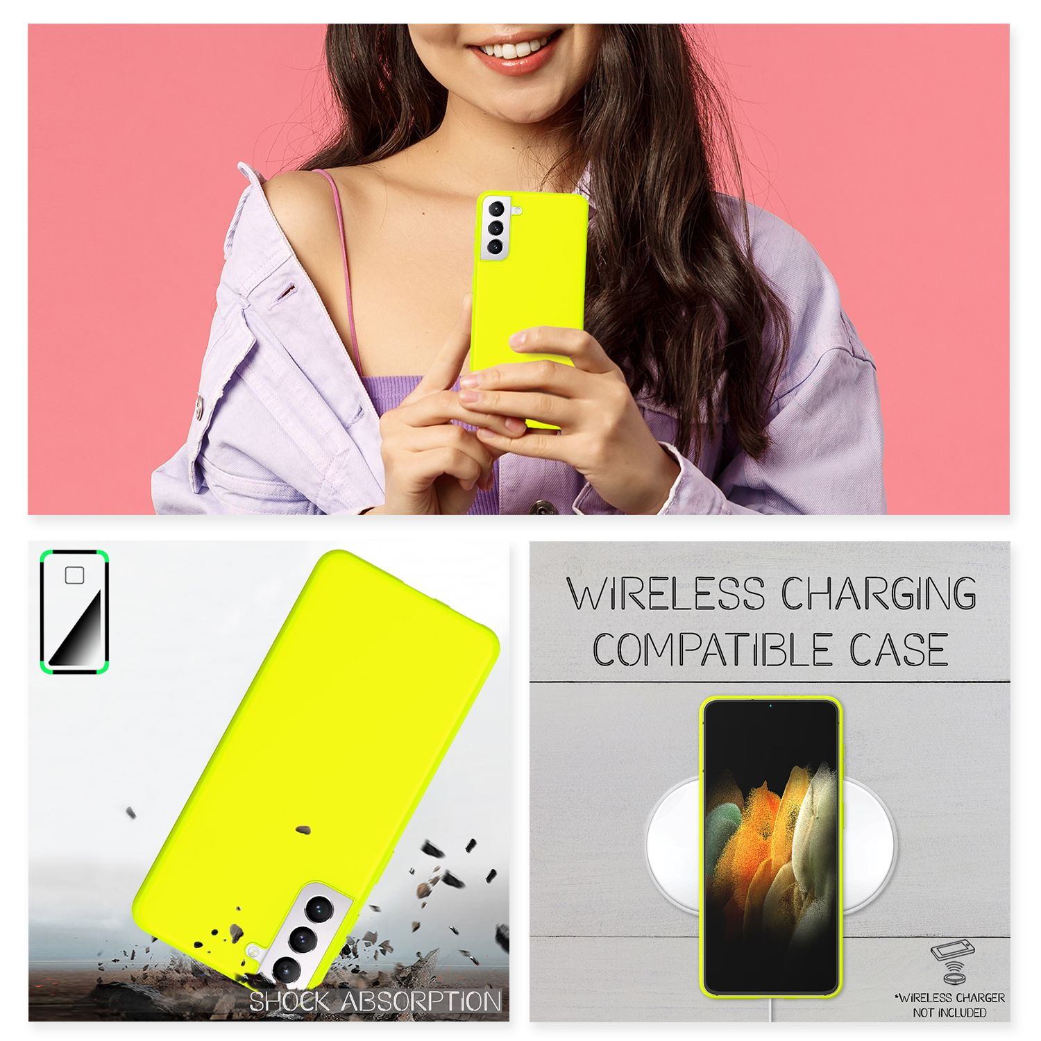 Un telefono giallo brillante in una custodia, in carica wireless.