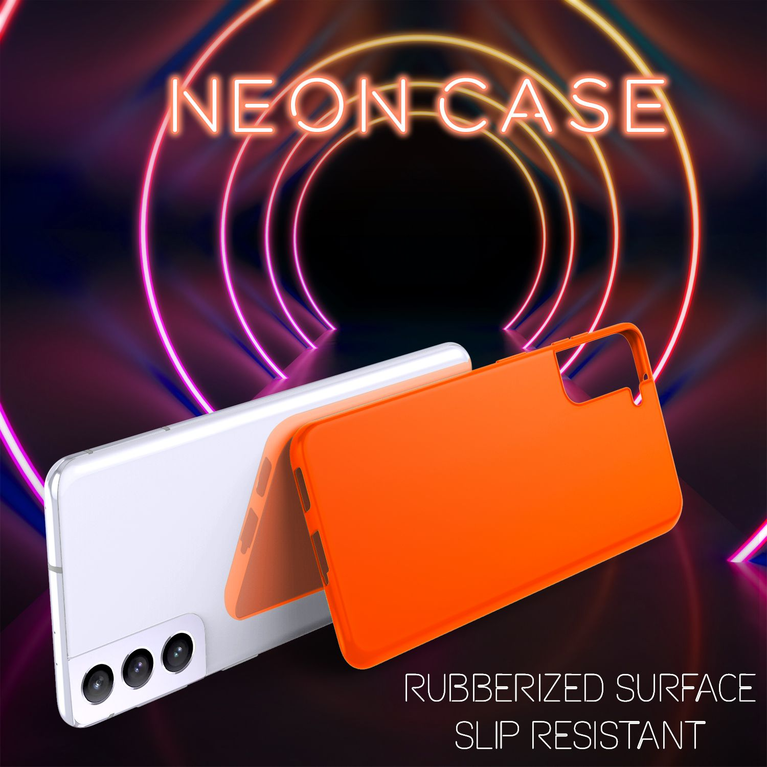 Ein weißes Handy mit einer orangefarbenen Hülle vor neonfarbenen Ringen.