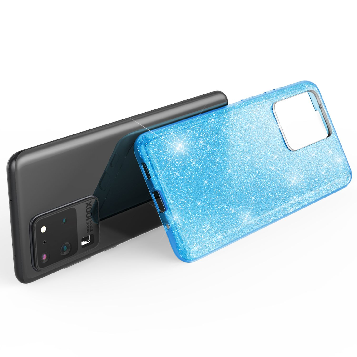 Ein hellblaues Glitzer-Handyhülle liegt neben einem schwarzen Smartphone.