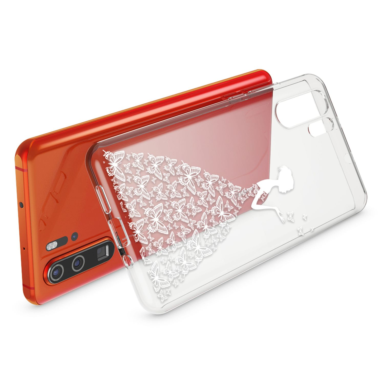 Orangefarbenes Smartphone mit einer durchsichtigen Hülle mit Schmetterlingsmotiv.