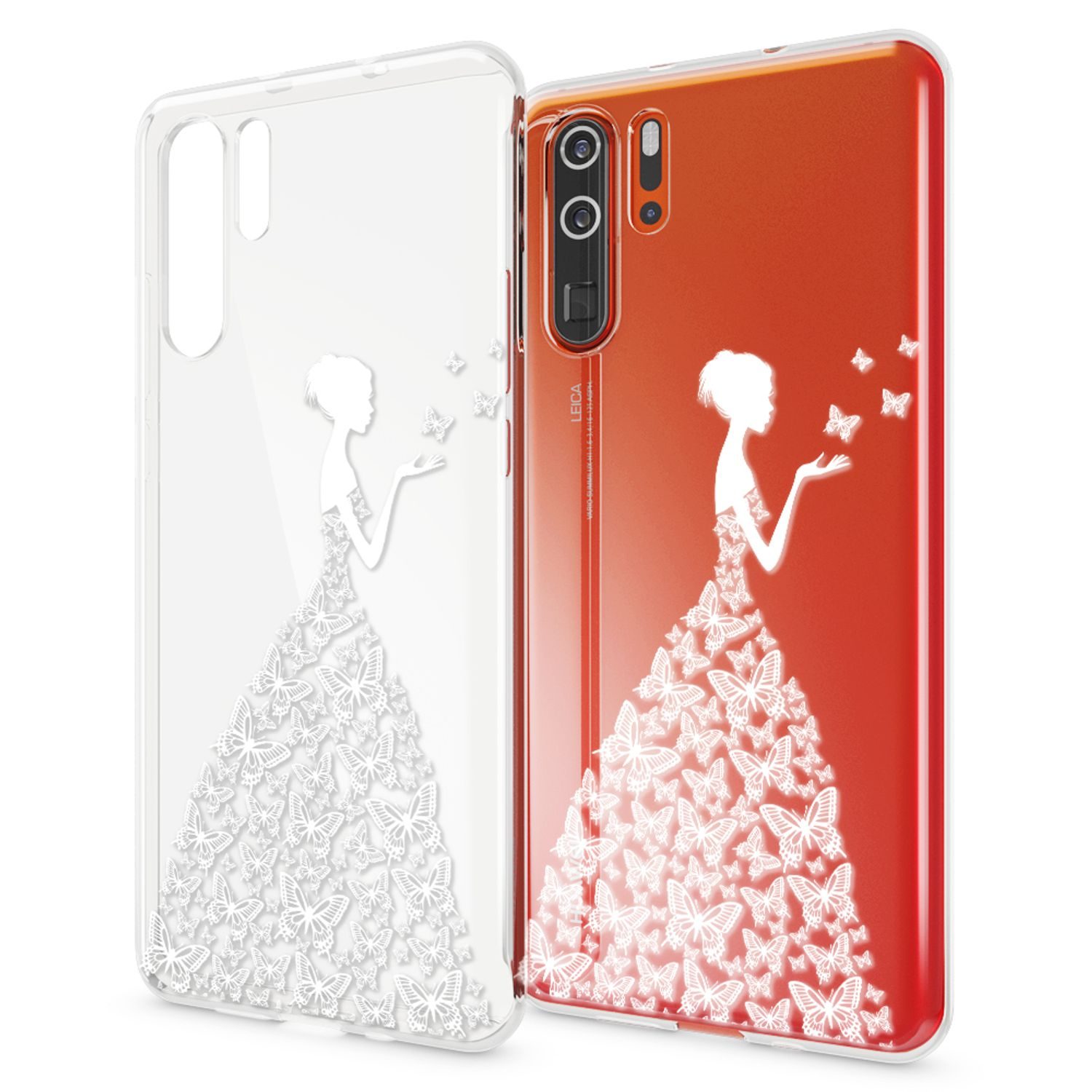Zwei Handyhüllen mit Schmetterlingsdesign. Eine ist transparent, die andere rot.