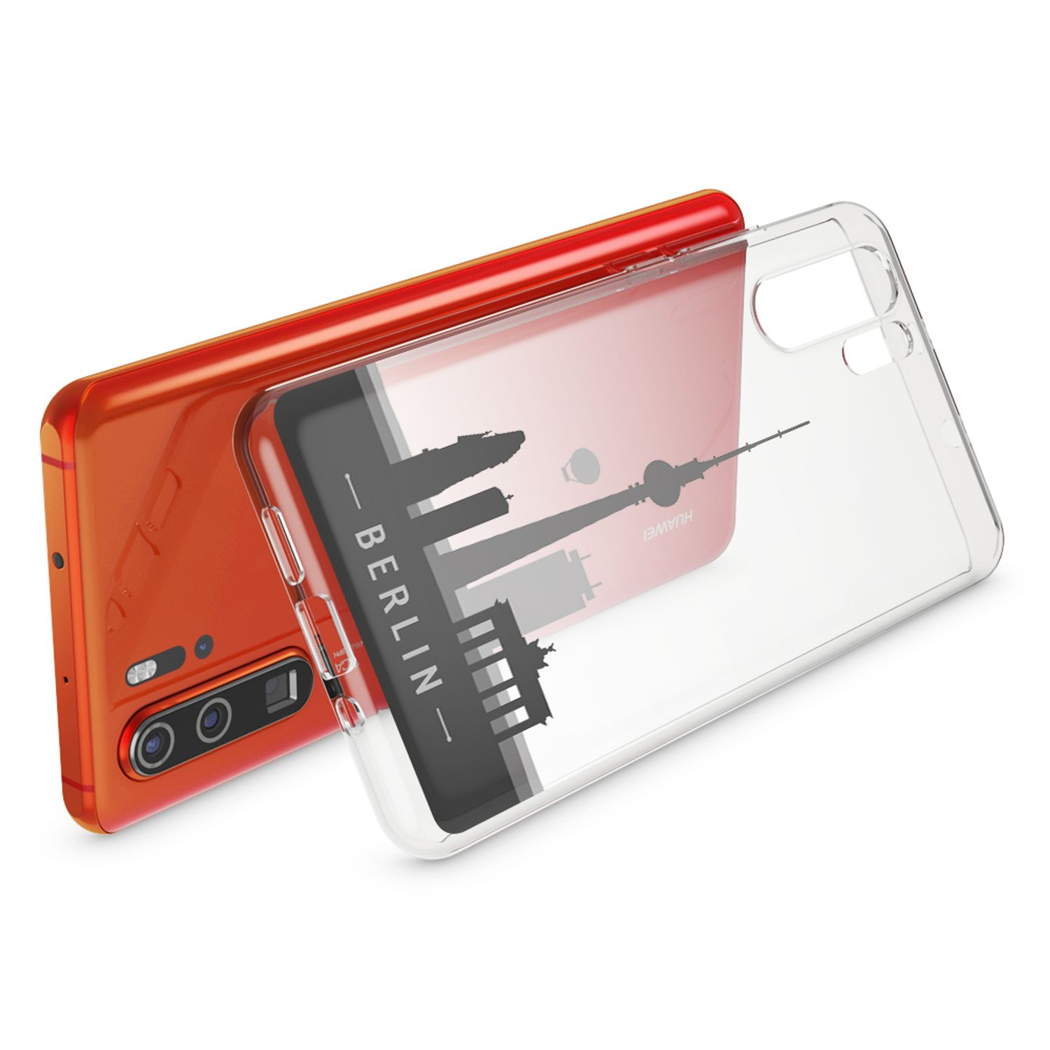 Uno smartphone arancione con custodia trasparente con stampa skyline di Berlino.