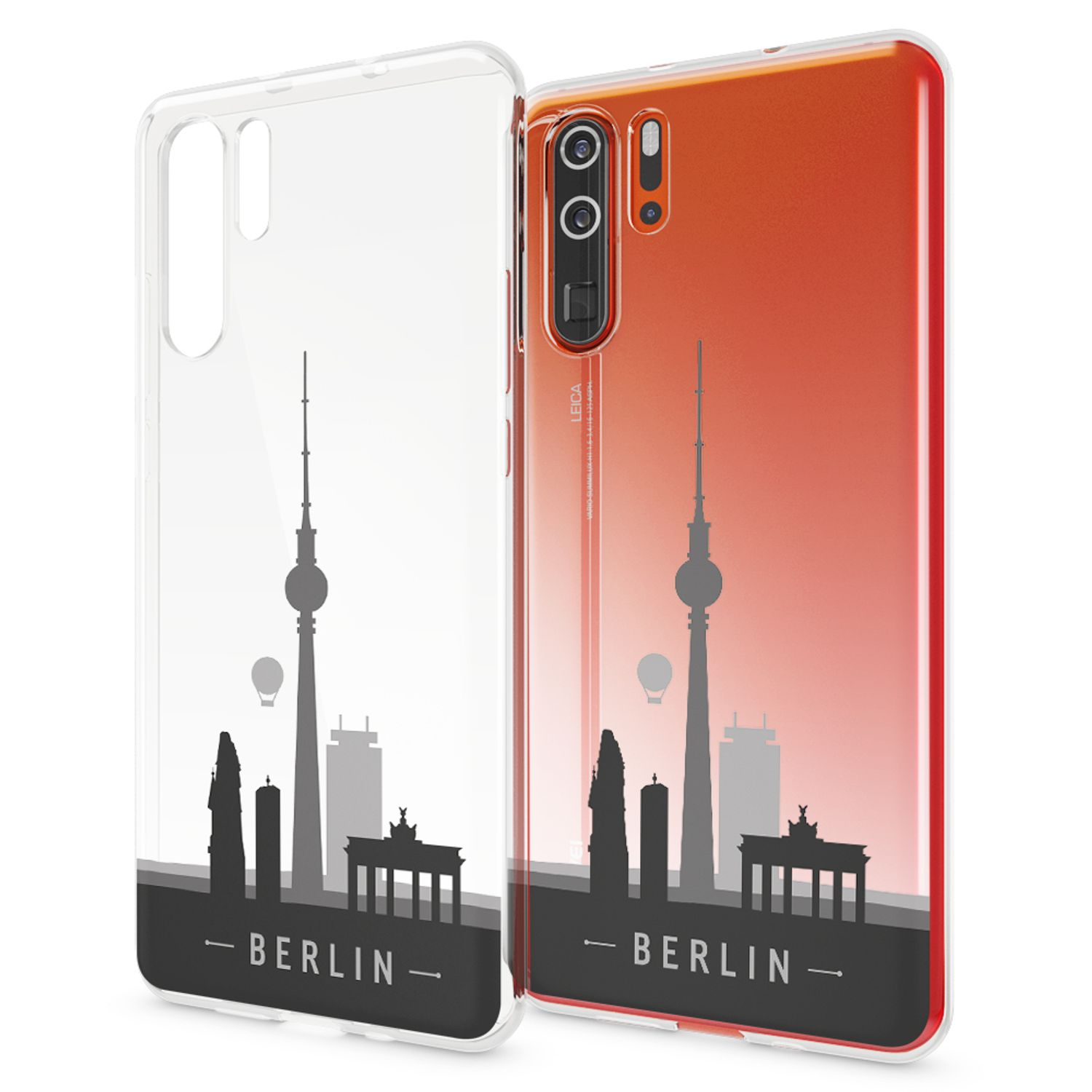 Due custodie per telefono con skyline di Berlino, una trasparente, una rossa.
