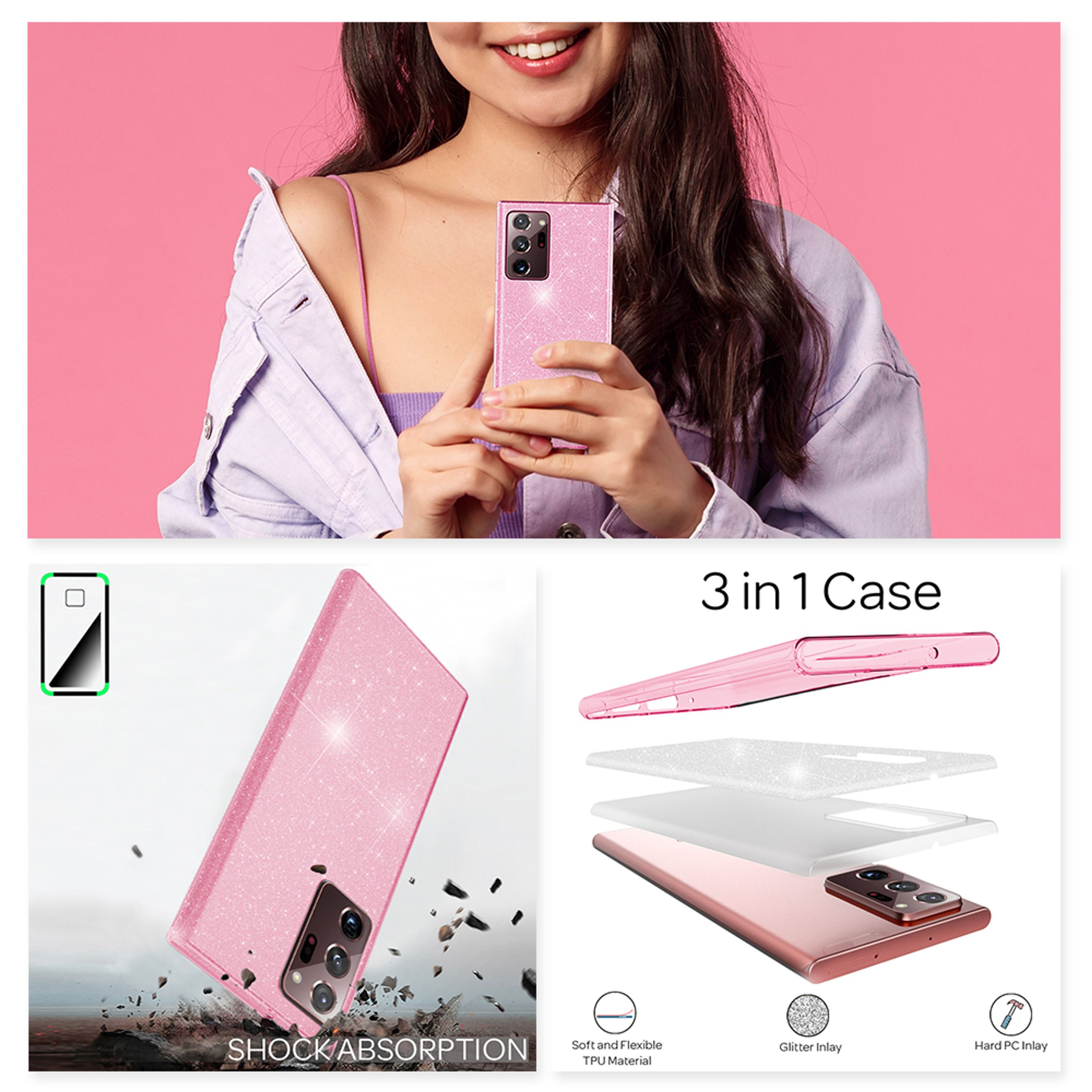 Una donna tiene un telefono rosa scintillante. Dettagli della cover accanto.