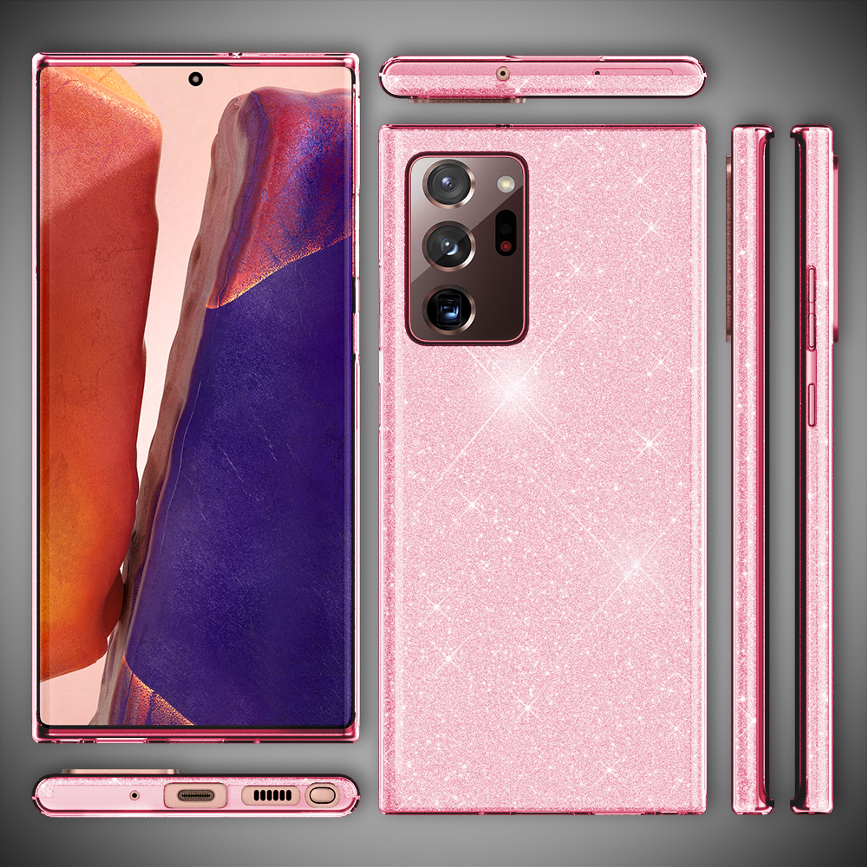 Una cover per telefono rosa glitter con display smartphone. Diverse viste.