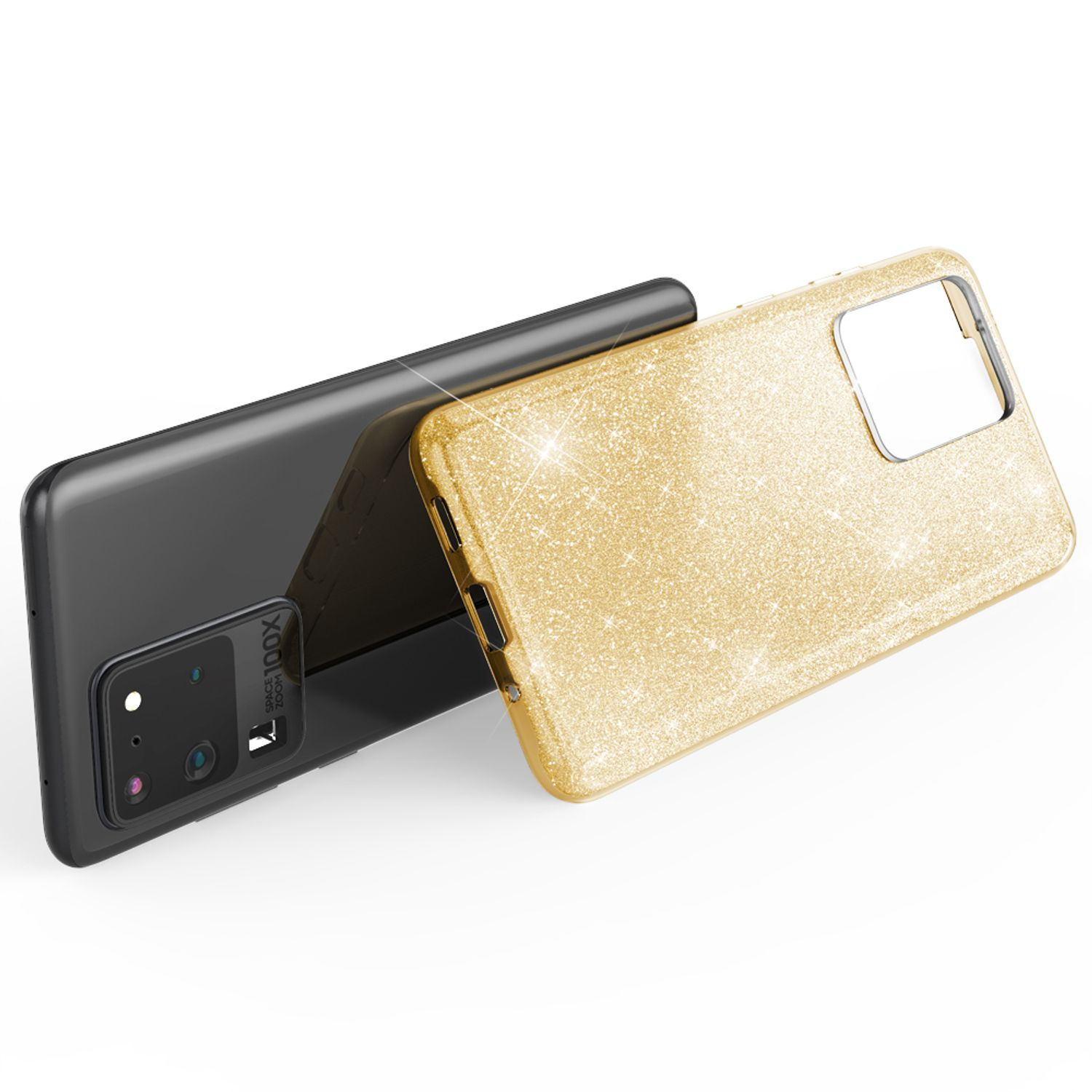 Eine goldene Handyhülle mit Glitzer liegt auf einem schwarzen Handy. Weißer Hintergrund.
