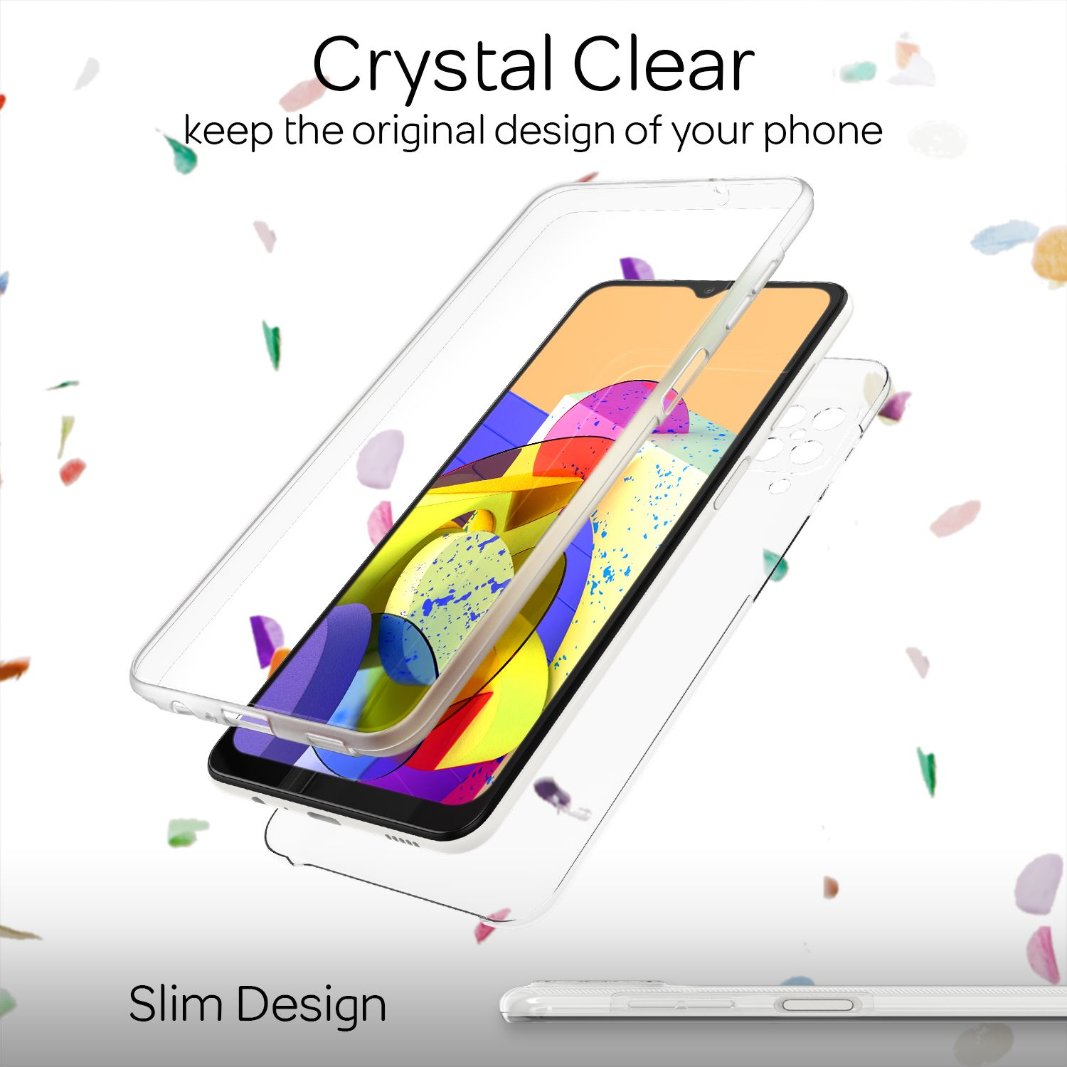 Uno smartphone con sfondo colorato, circondato da una custodia trasparente.