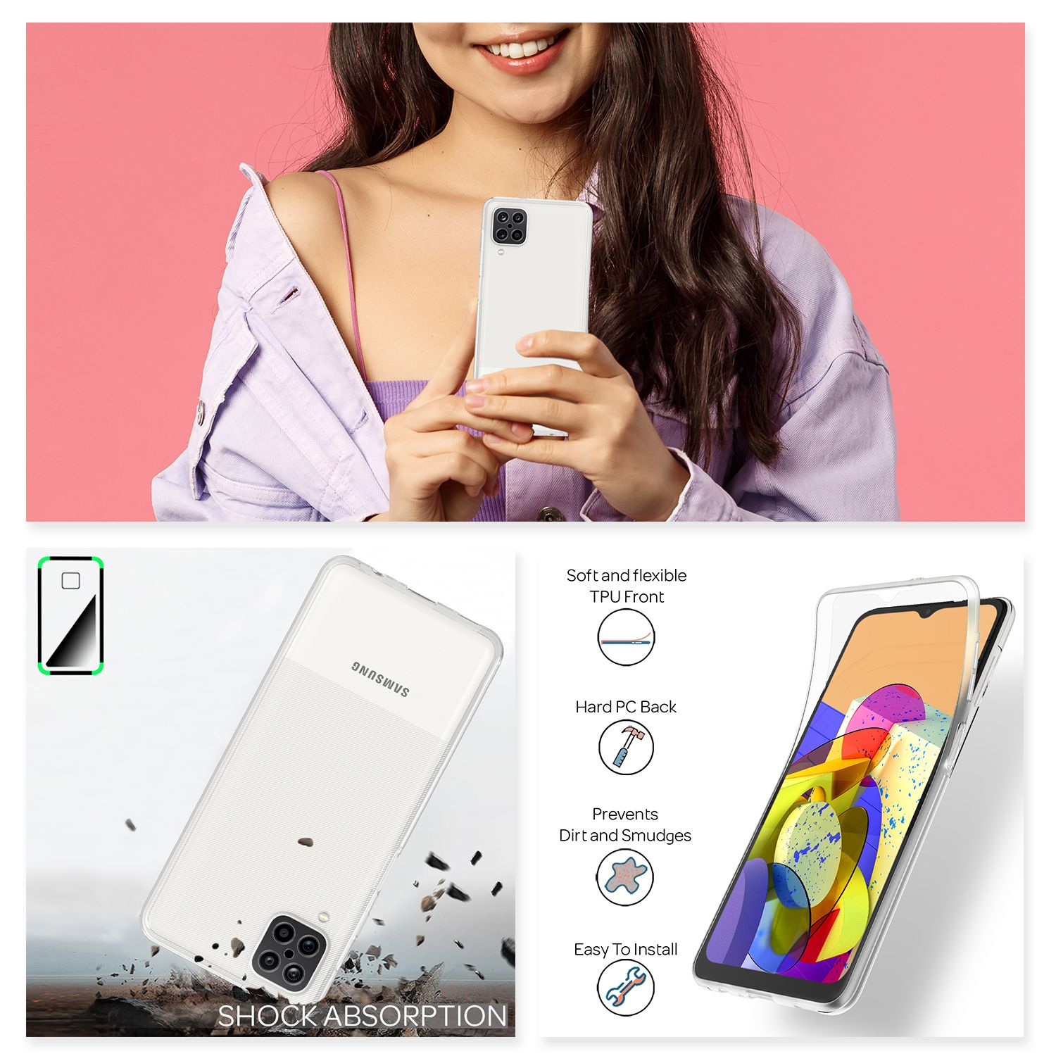 Una donna tiene uno smartphone bianco, accanto una custodia e una pellicola.