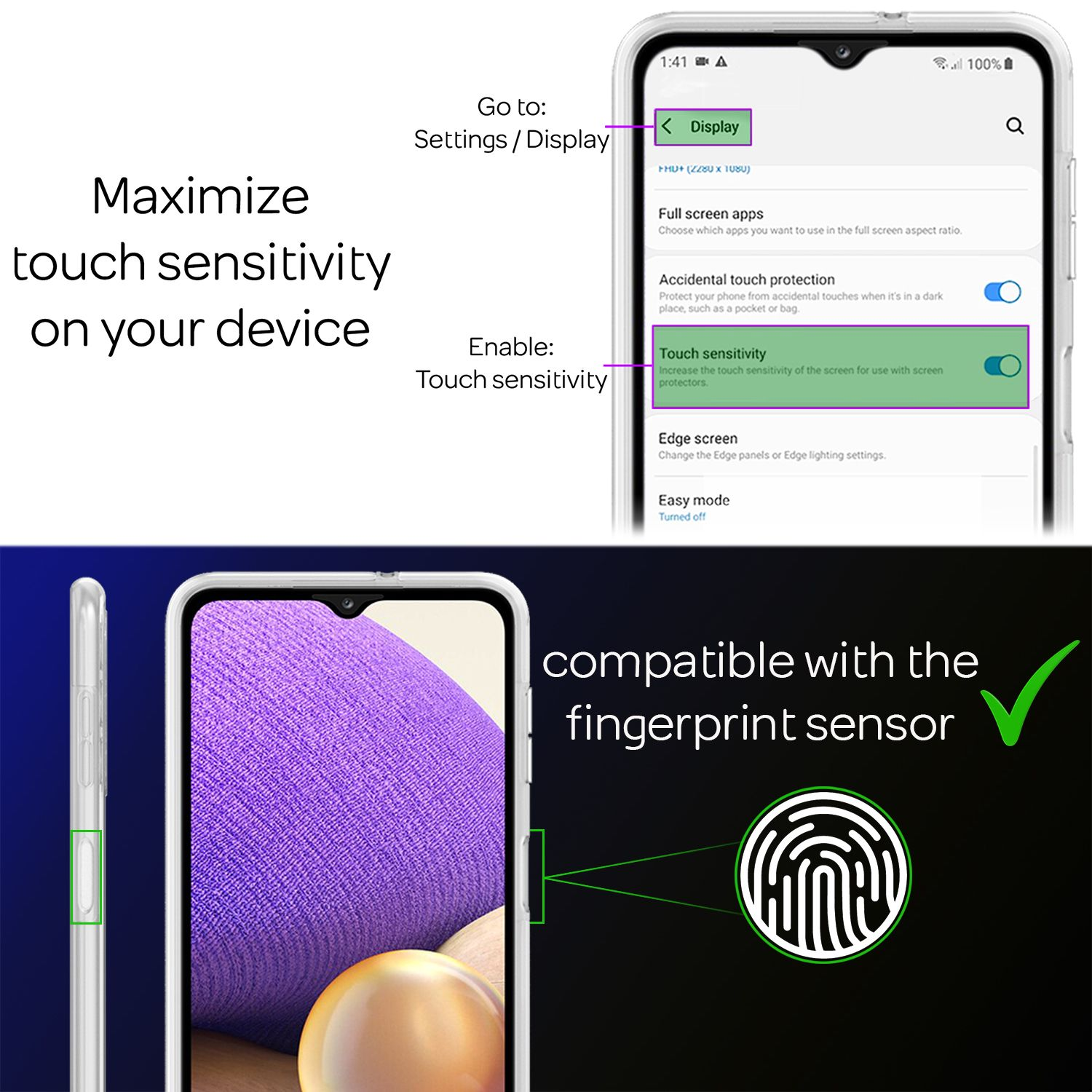 Bildschirmansicht mit Einstellungen für Touch-Empfindlichkeit und Fingerabdrucksensor.