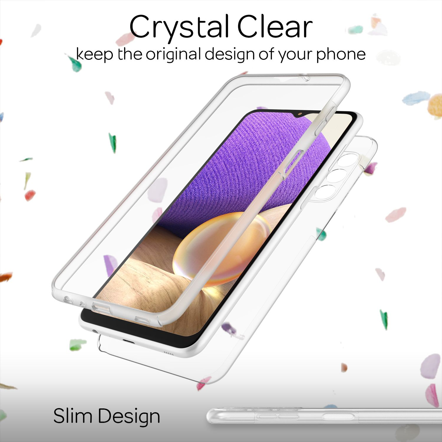 Transparente Handyhülle über einem Smartphone mit lila Bildschirm.