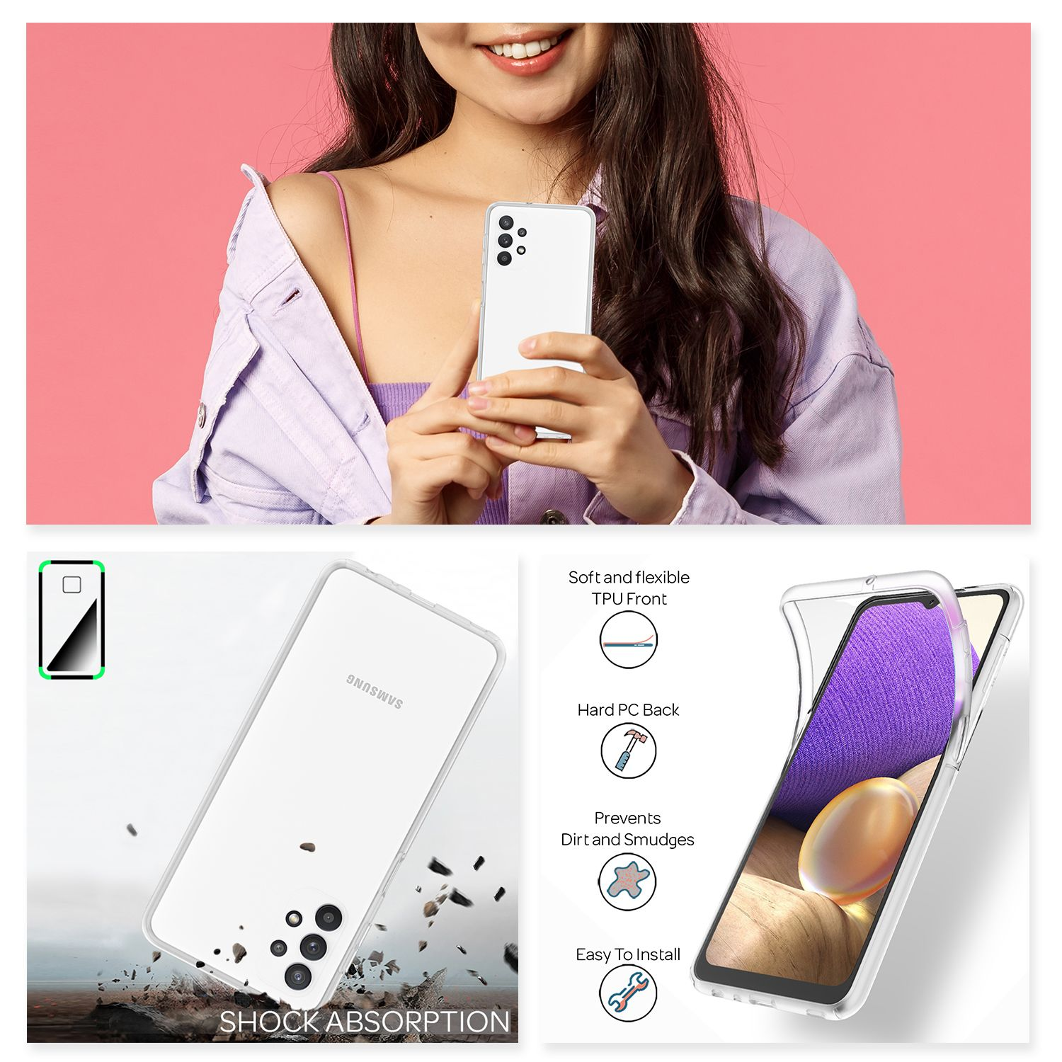 Frau mit Samsung Handy und durchsichtiger Hülle, die Stoßdämpfung zeigt.