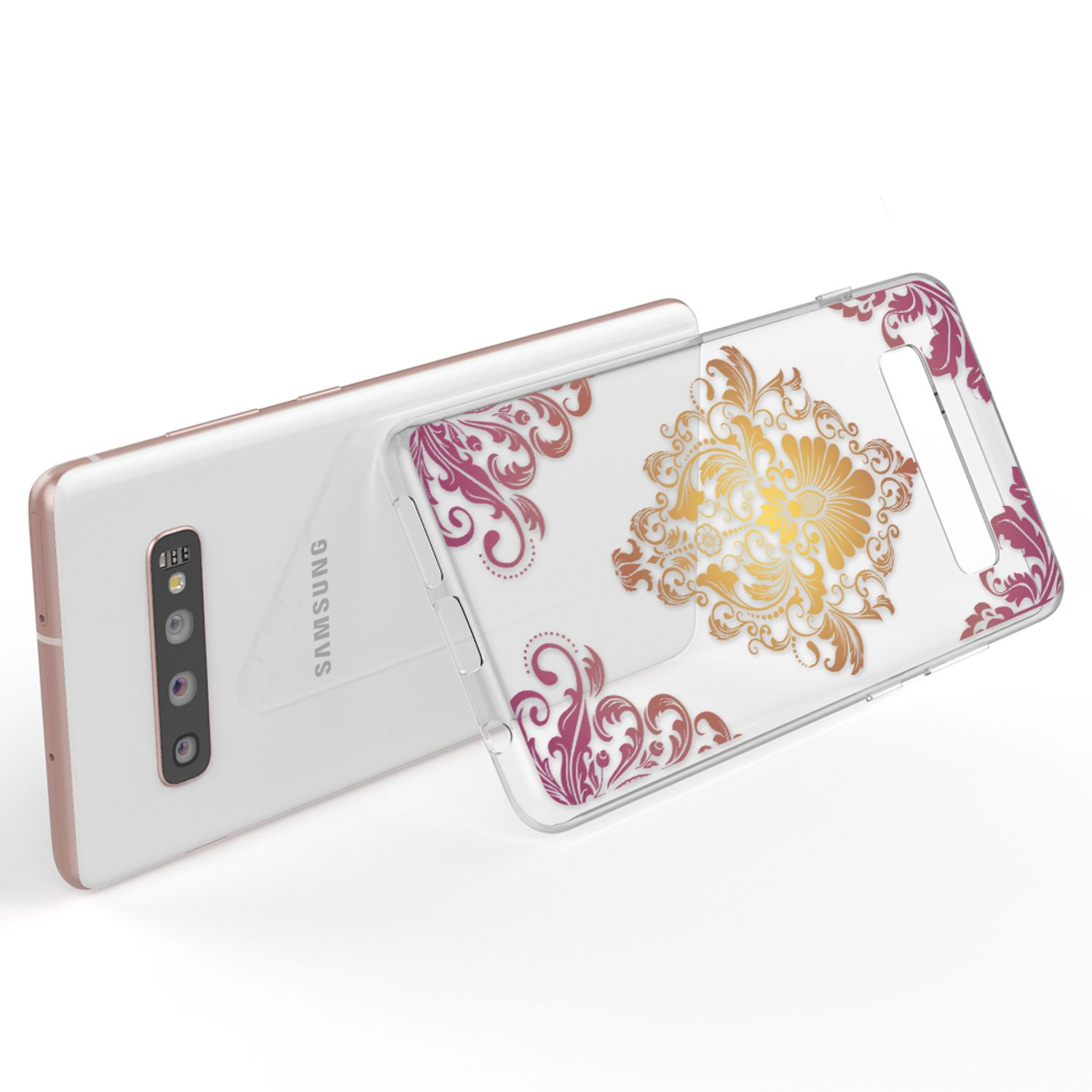 Ein weißes Smartphone mit einer transparenten Hülle mit goldenen und roten Ornamenten.