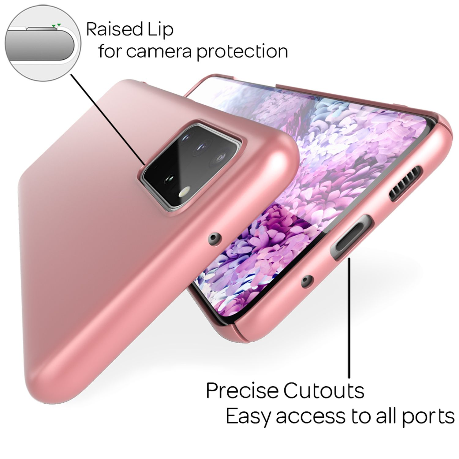 Una cover per telefono oro rosa con ritagli precisi e bordo rialzato.