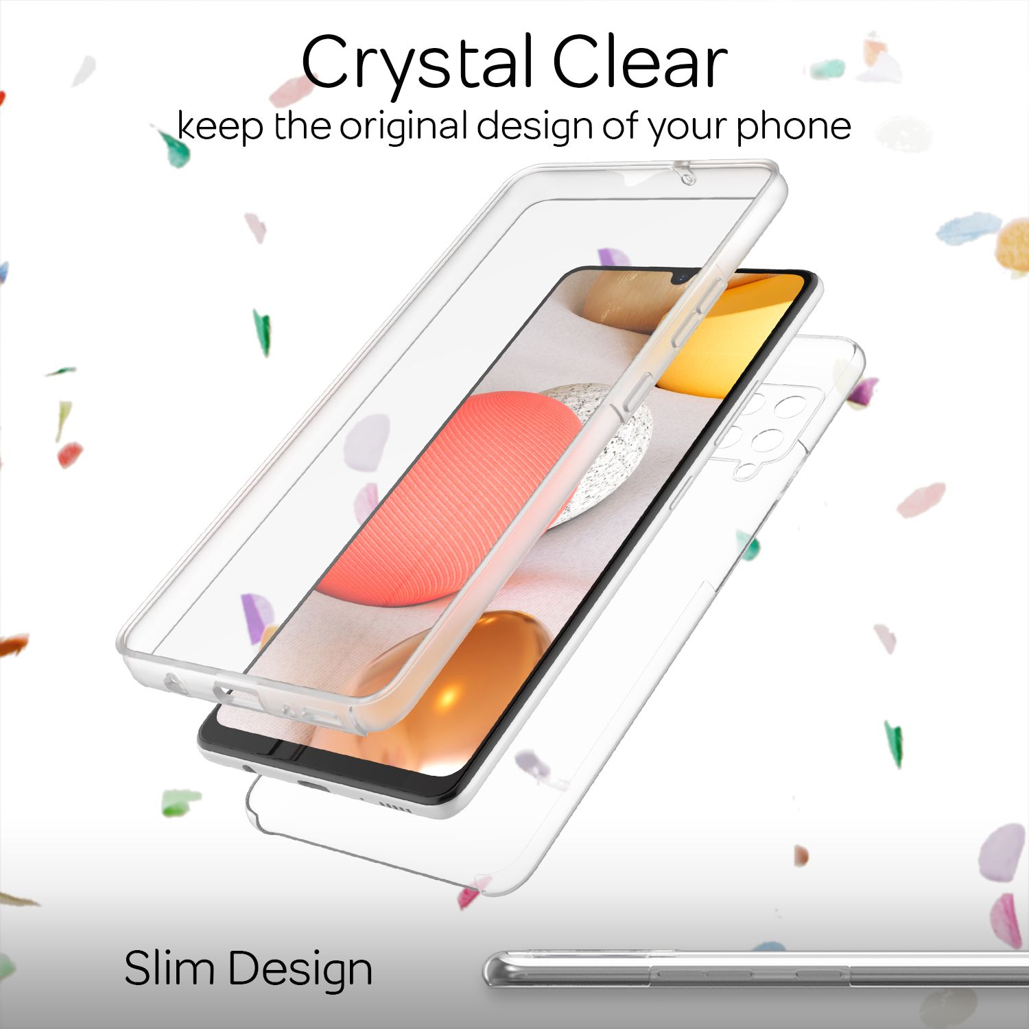 Kristallklare Handyhülle mit einem Handy darin. Text: Crystal Clear, Slim Design.