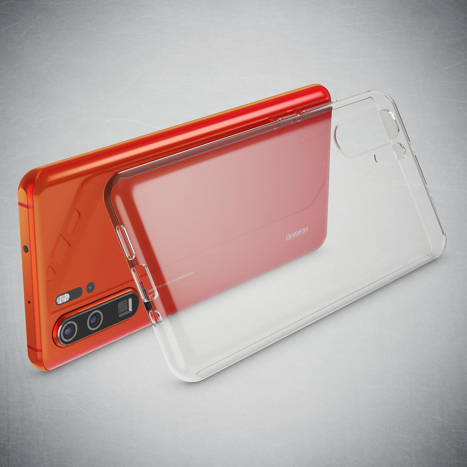 Ein oranges Smartphone mit durchsichtiger Hülle, die auf der Rückseite liegt.