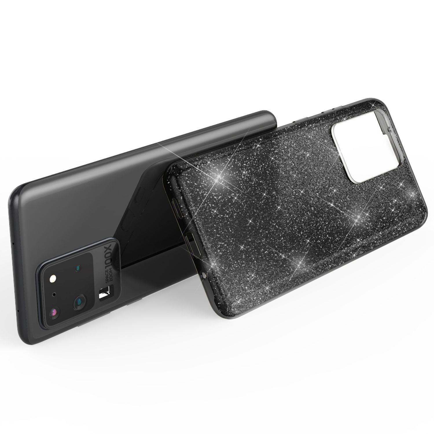 Ein glitzernder schwarzer Handyhülle liegt neben einem schwarzen Smartphone.
