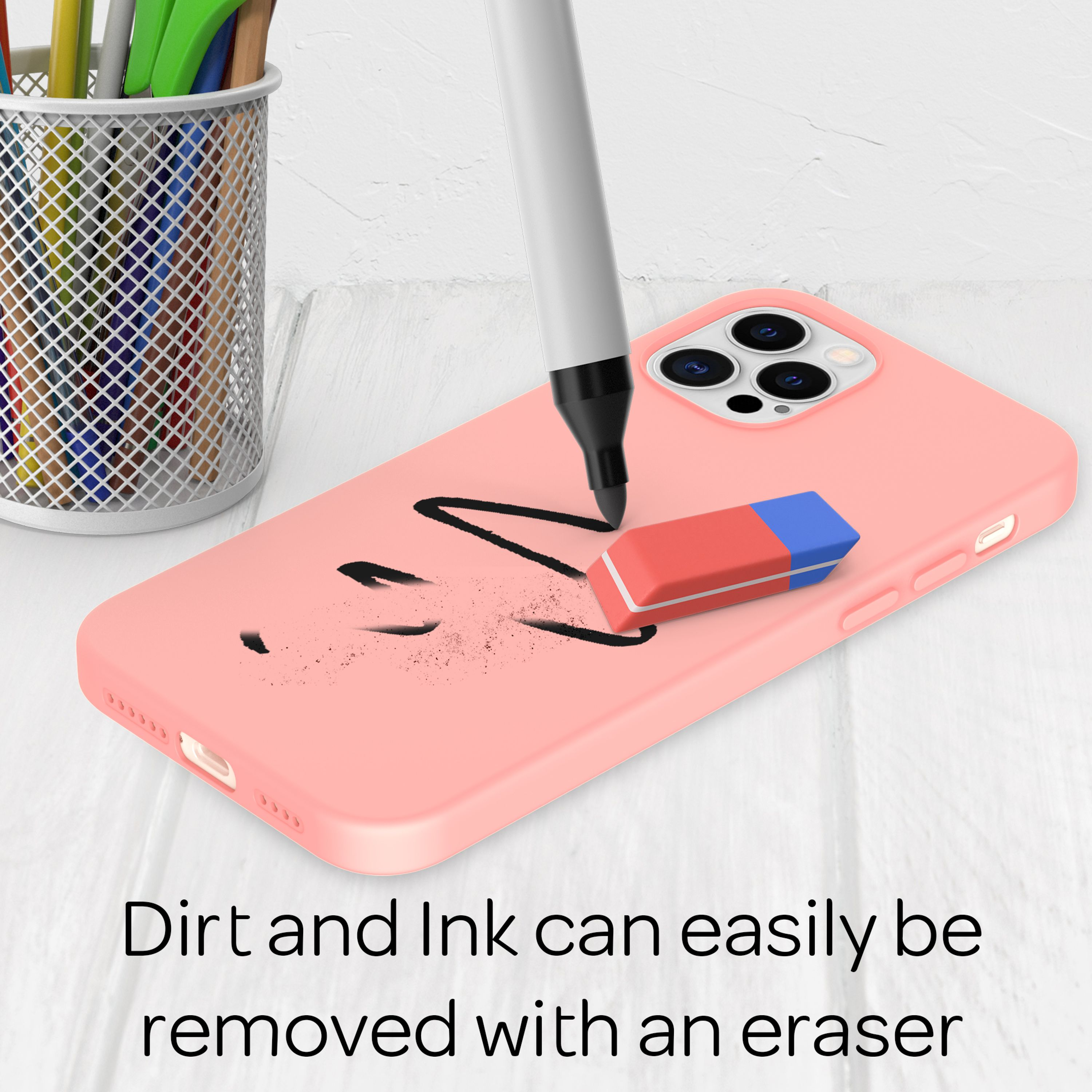 Ein rosa Handyhülle mit einem Stift und Radiergummi, das leicht zu reinigen ist.