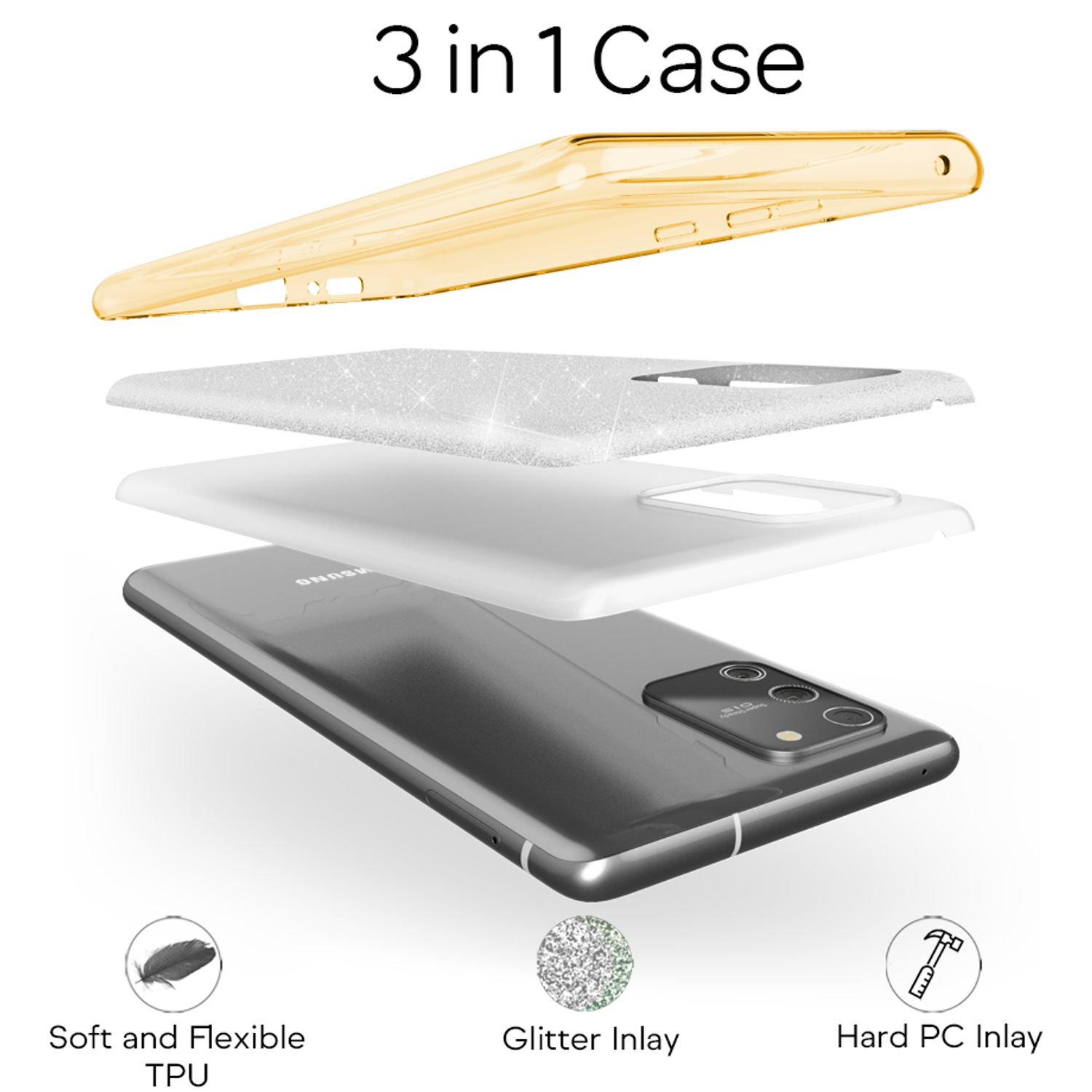 Eine goldene Handyhülle mit Glitzer- und PC-Inlays, die auf einem Smartphone montiert ist.