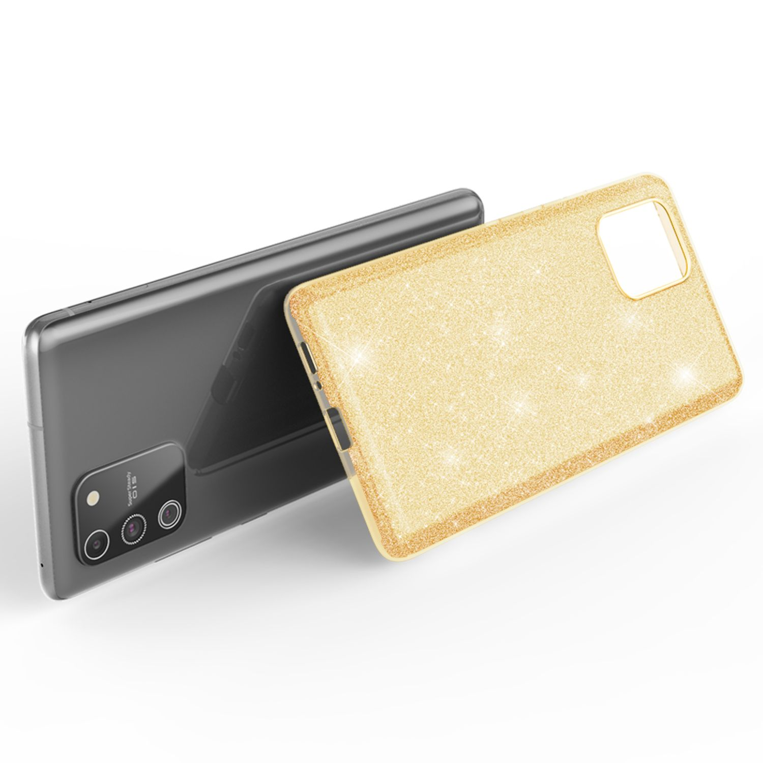 Ein goldener Glitzer-Handyhülle liegt neben einem grauen Smartphone.