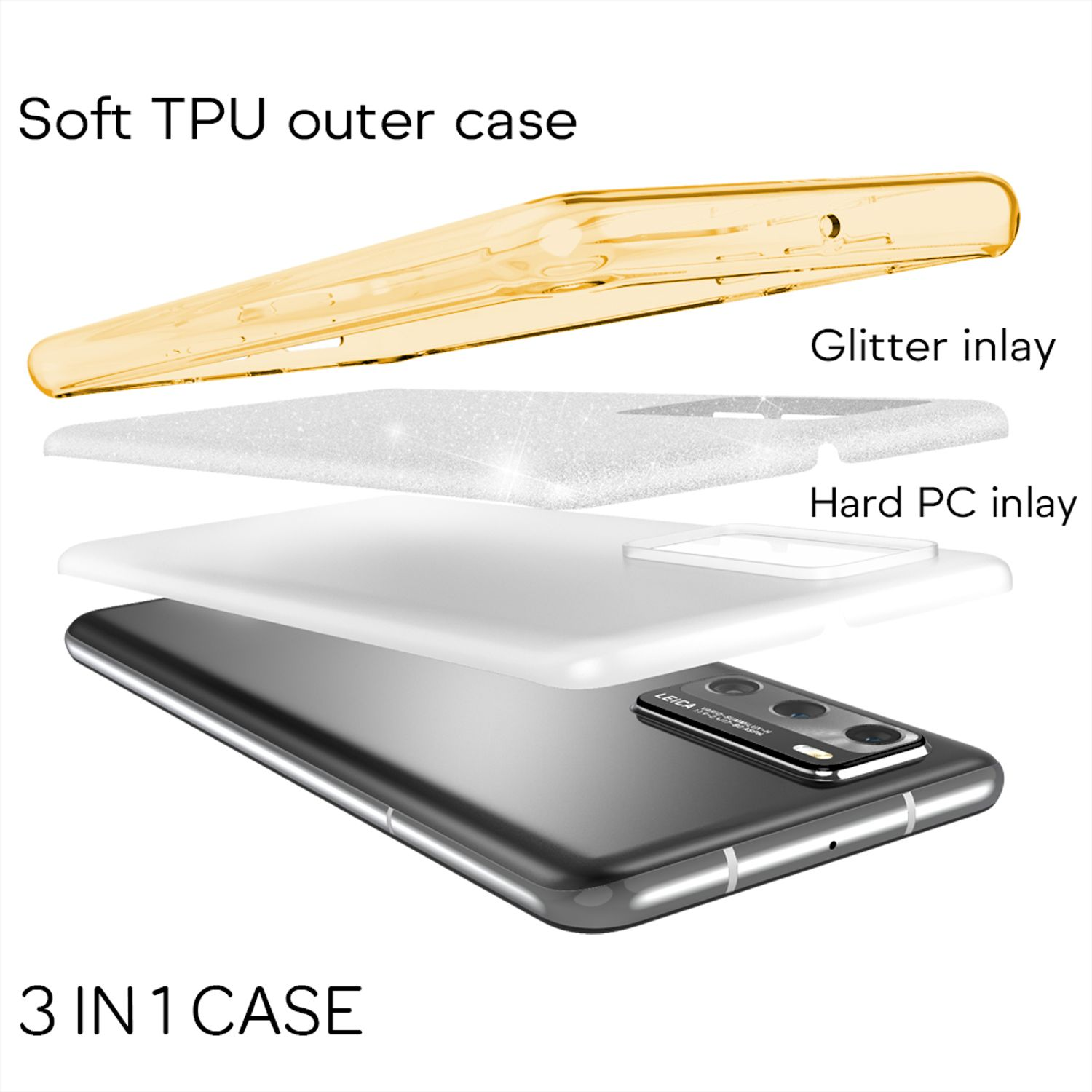 3-in-1-Handyhülle: goldene TPU-Schicht, Glitzer, harte PC-Schicht über schwarzem Handy.