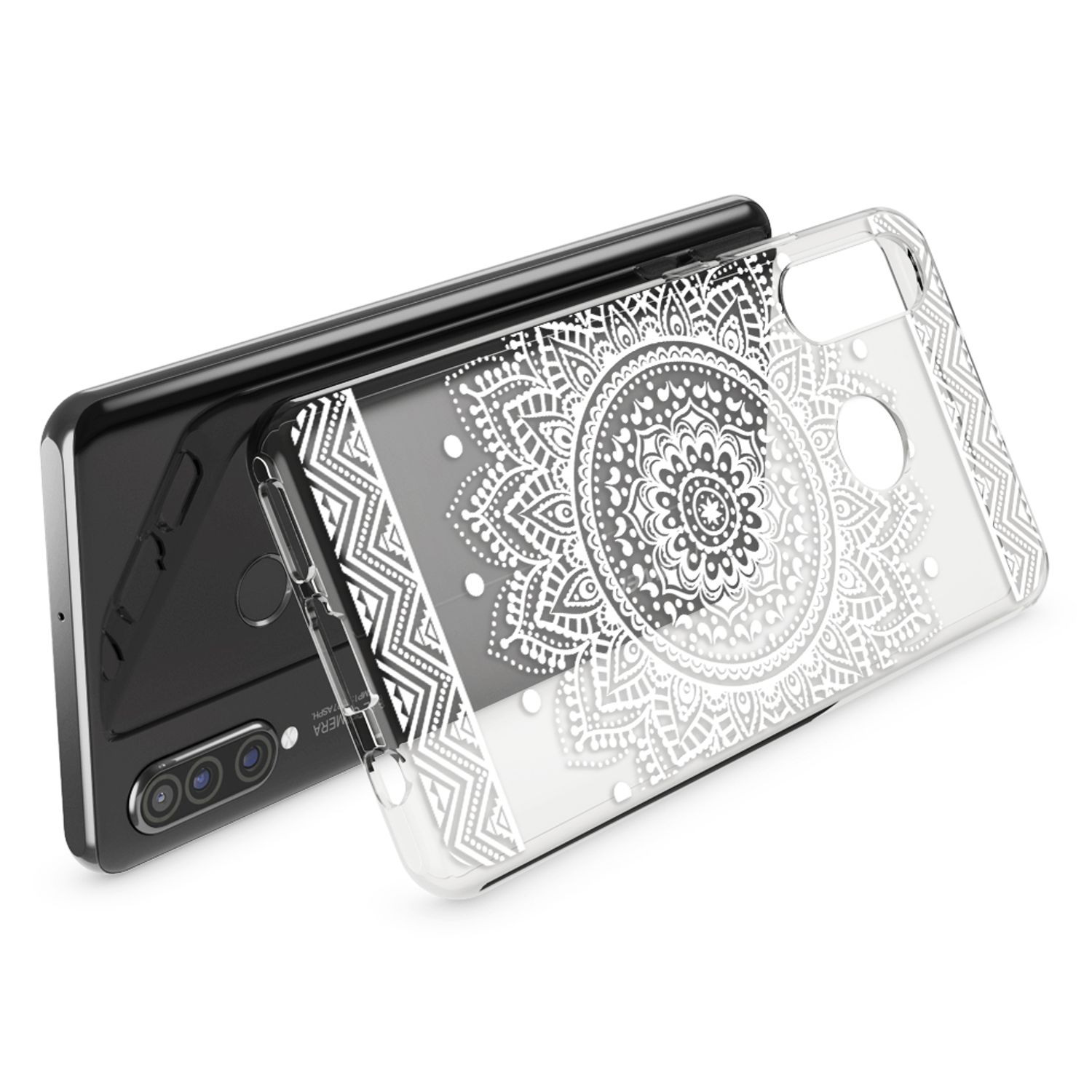 Uno smartphone nero con cover trasparente a fantasia mandala bianca.