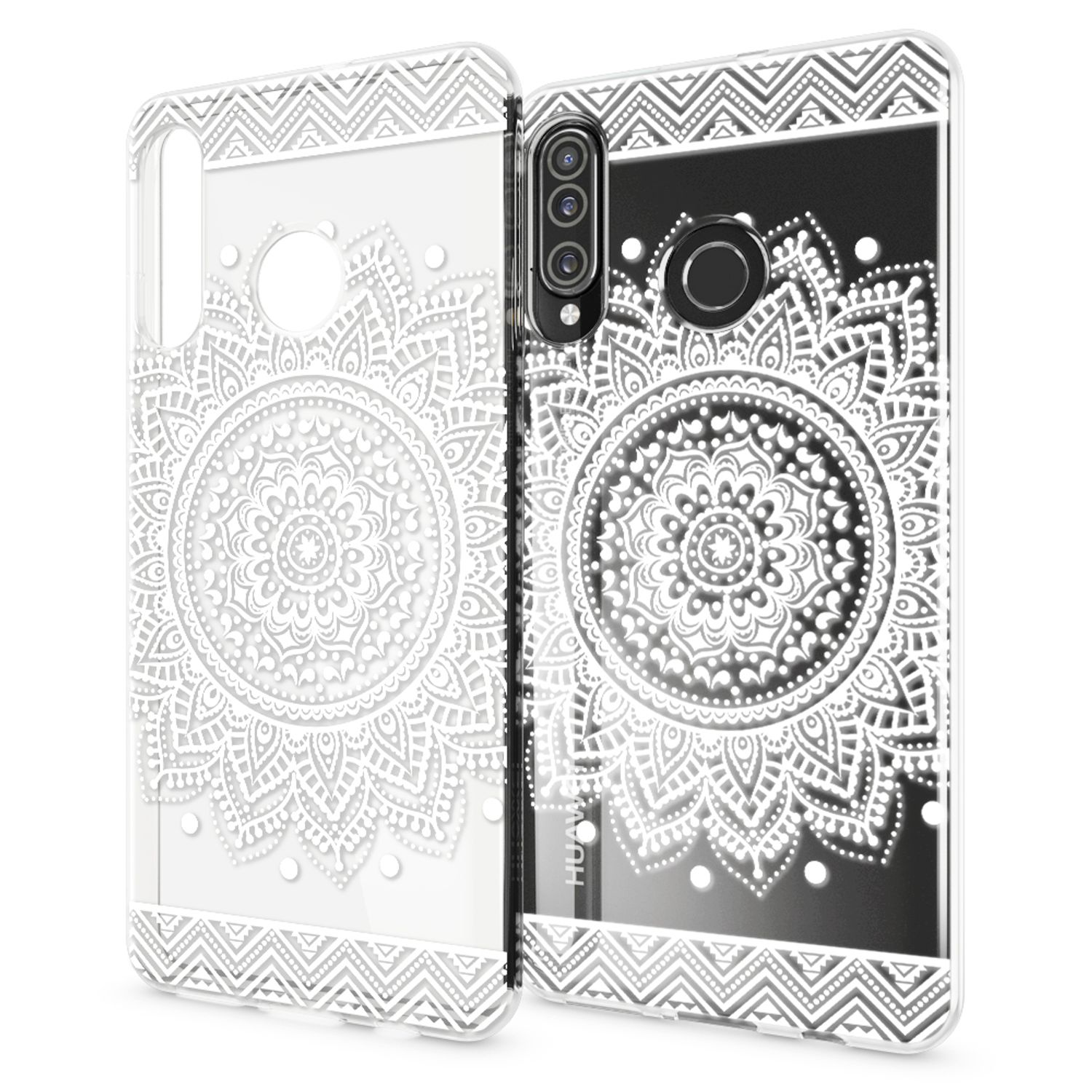 Due custodie trasparenti per telefono con motivo mandala bianco.